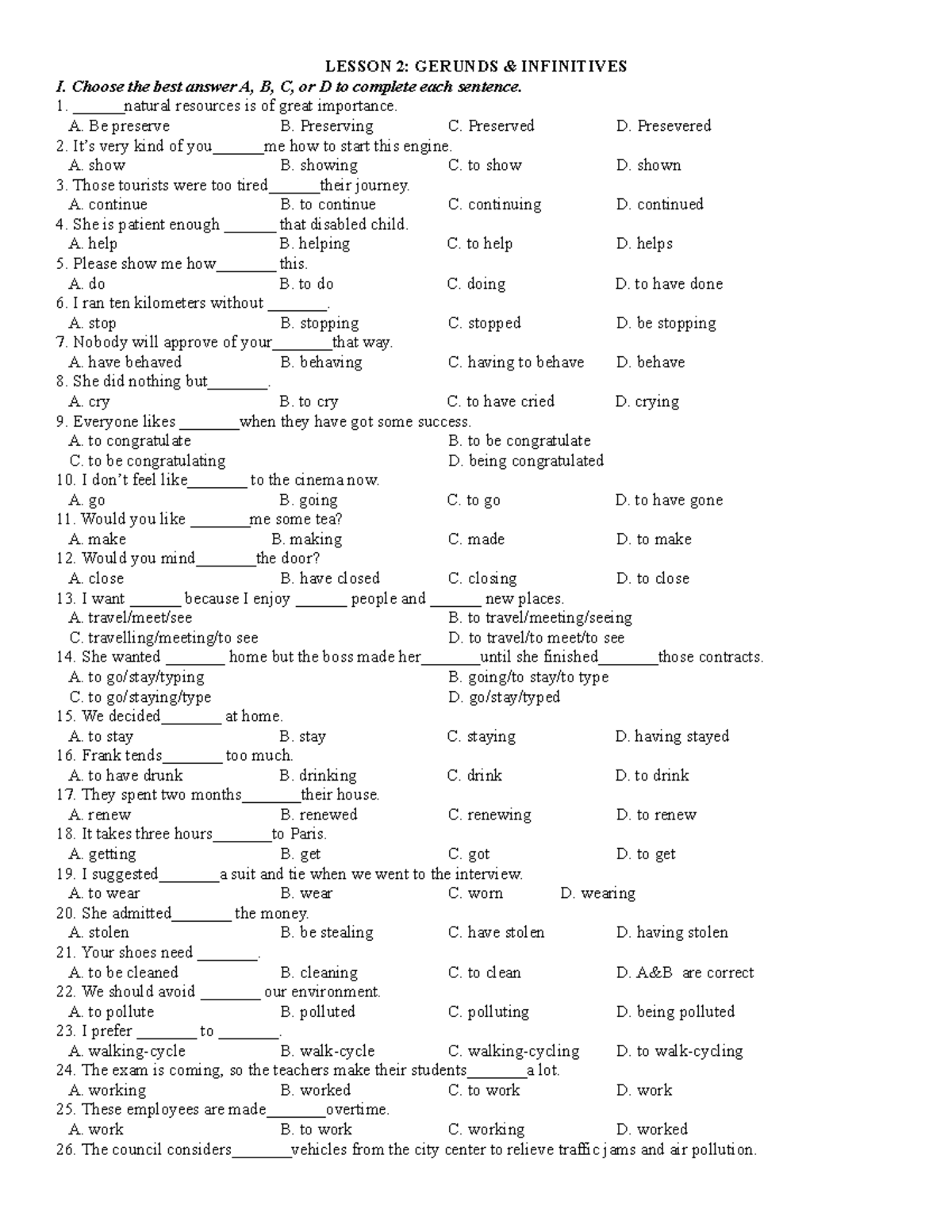 Gerund AND Infinitives - LESSON 2: GERUNDS & INFINITIVES I. Choose the ...