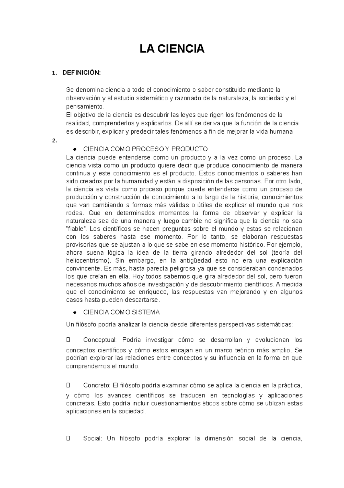 LA Ciencia - apuntes especificos - LA CIENCIA 1. DEFINICIÓN: Se ...