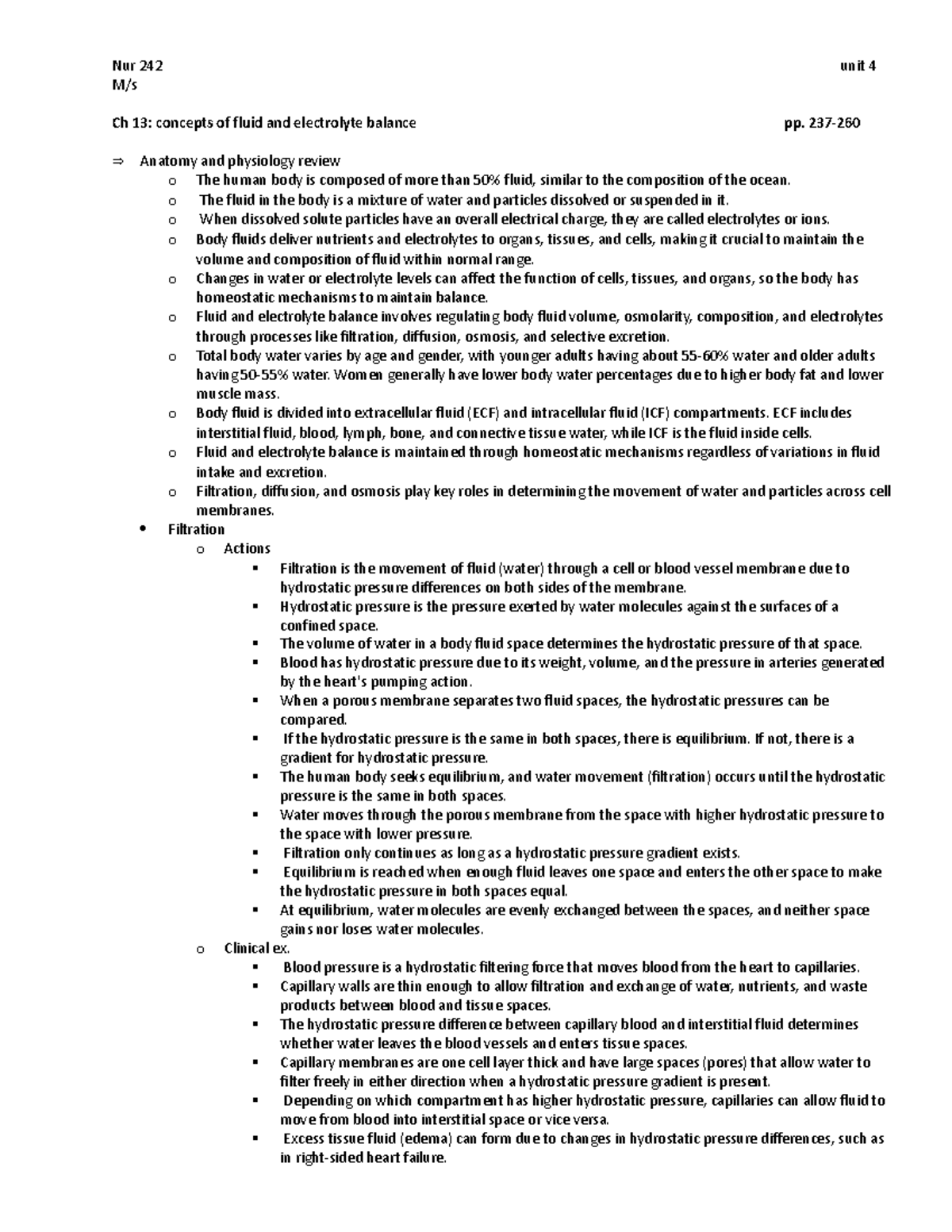 NUR 242Unit 4 - Nur 242 unit 4 M/s Ch 13: concepts of fluid and ...
