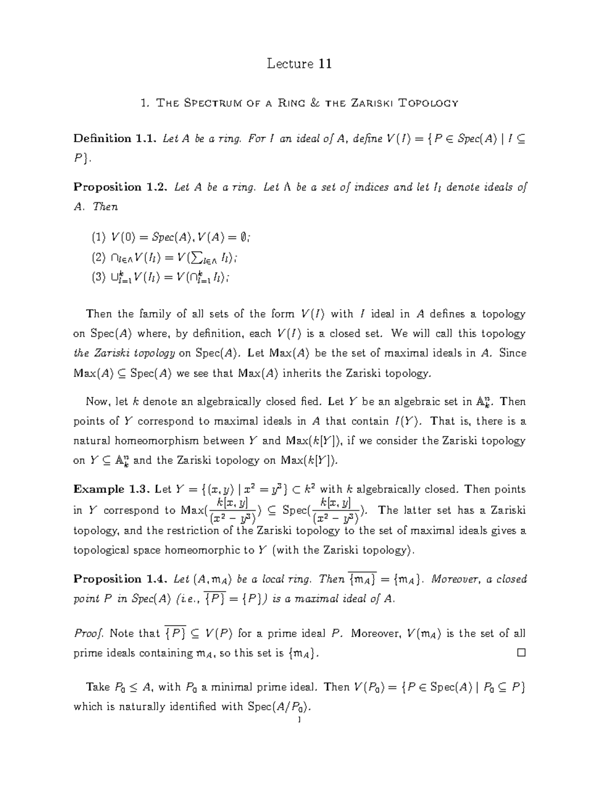 Lecture Notes - Lecture 11 - Lecture 11 1. The Spectrum of a Ring the ...