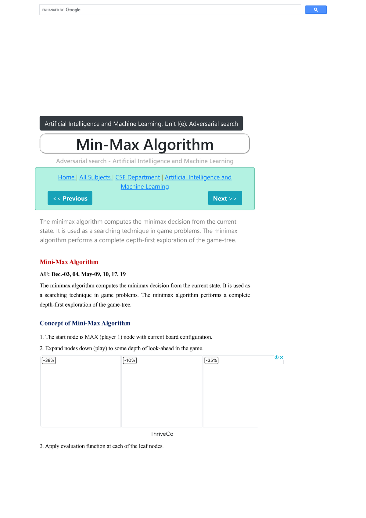 Min max algorithmn - Artificial Intelligence and Machine Learning: Unit ...