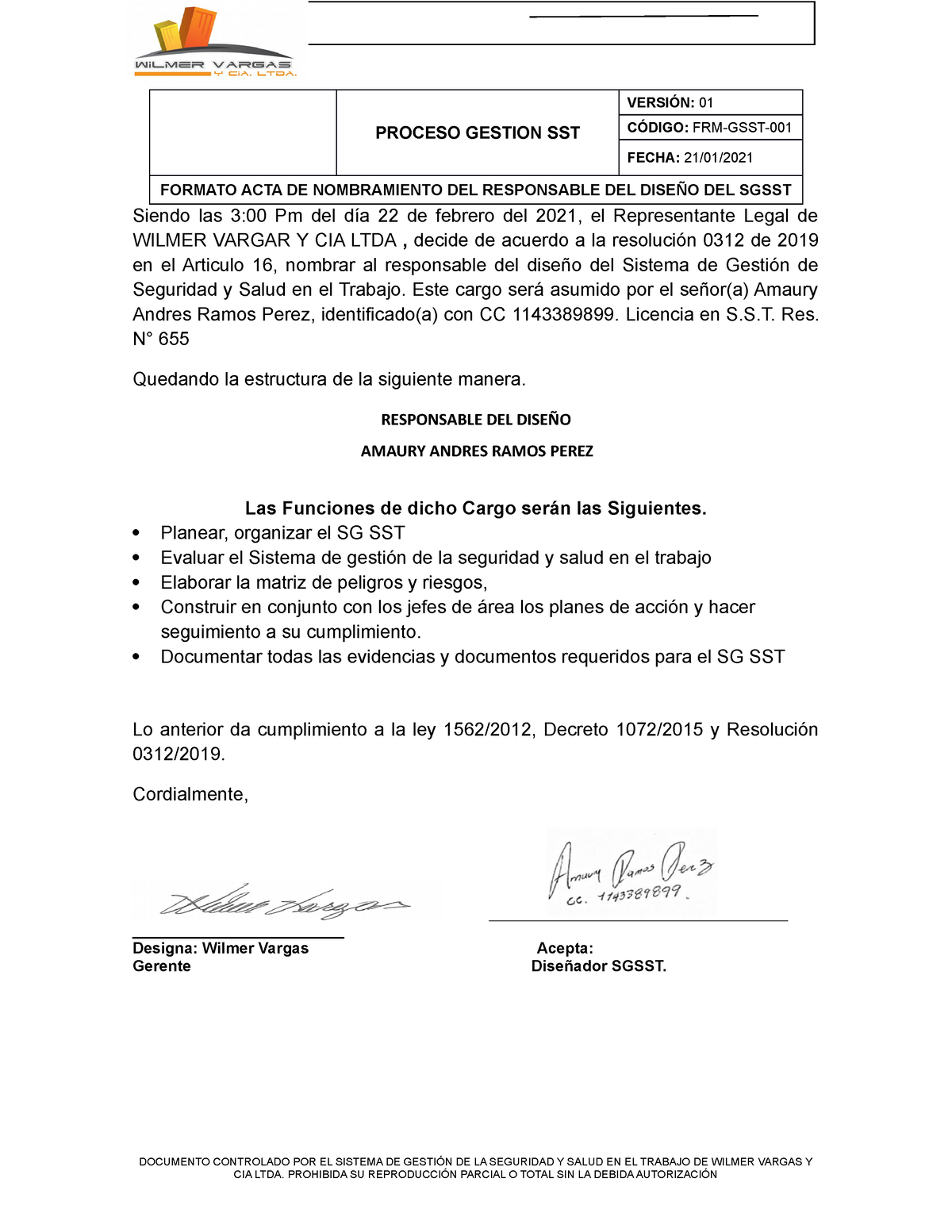 Frm Gsst 002 Formato Acta De Nombramiento Del Responsable Del Diseño Sg