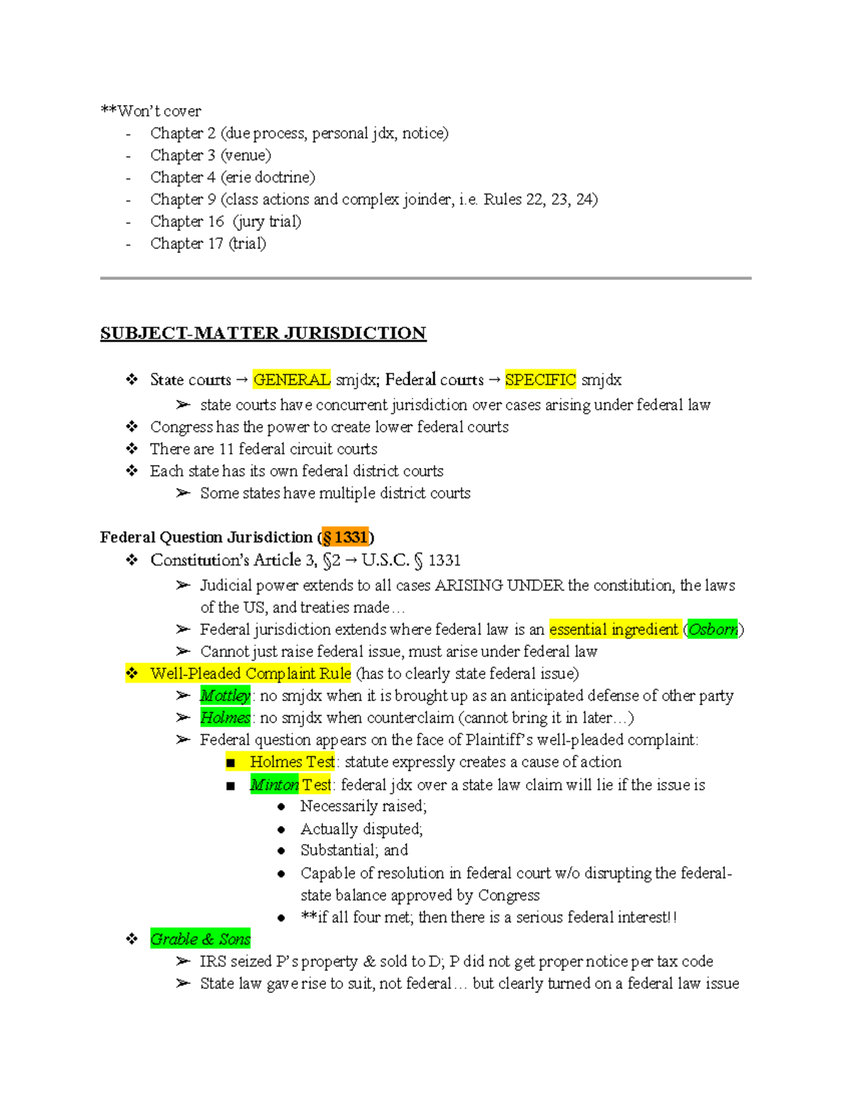 Civ Pro Outline Adamson - **Won’t cover - Chapter 2 (due process ...