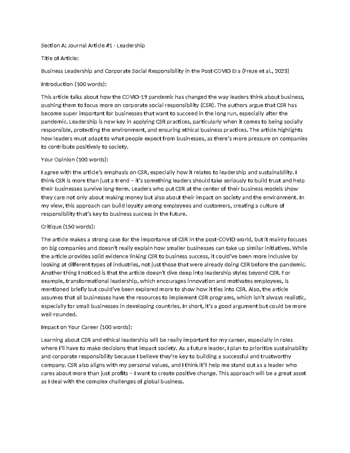 Acumen - assignment - Section A: Journal Article #1 - Leadership Title ...