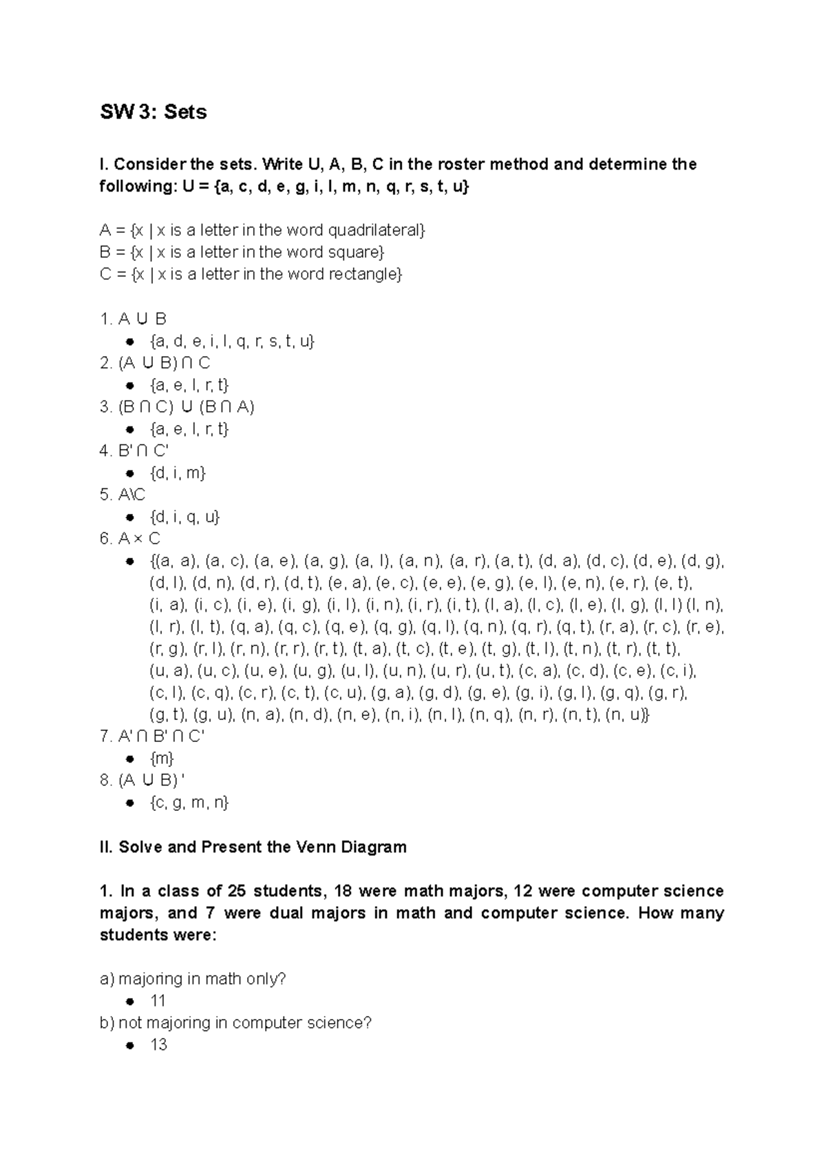 MMW Sets SW 3 Sets I. Consider the sets. Write U, A, B, C in the
