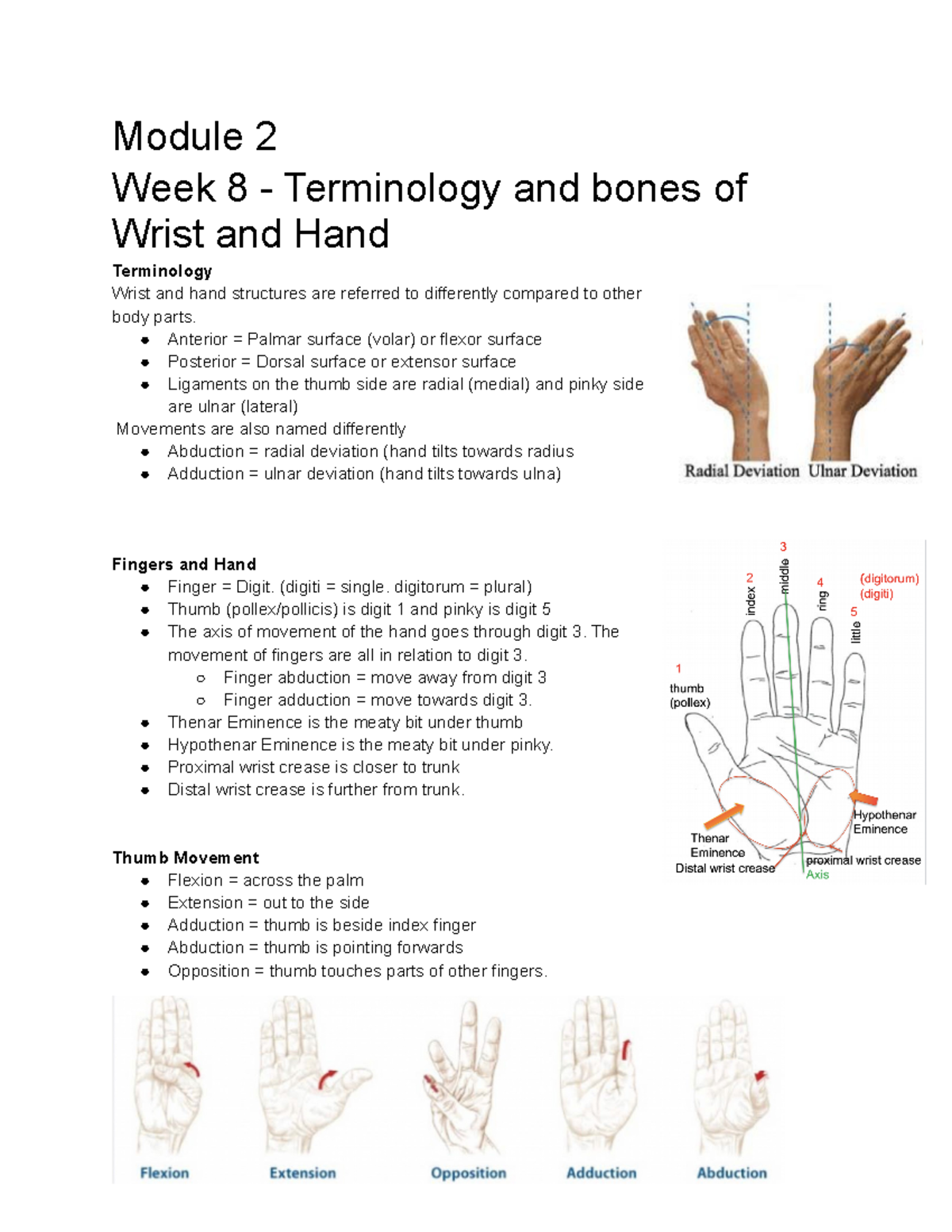 FMA Notes Mod 2 Module 2 Week 8 Terminology and bones of Wrist and
