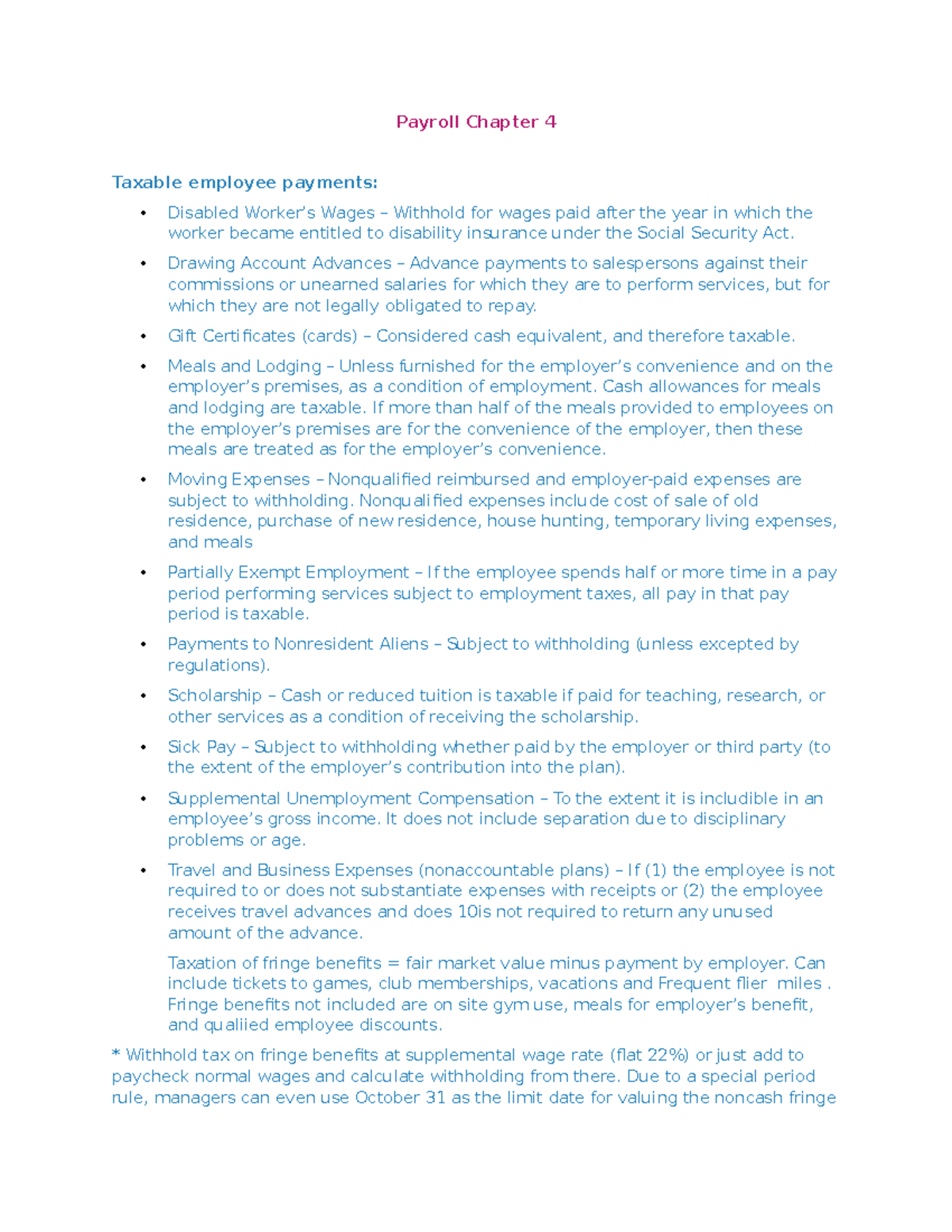 Payroll ch 4 notes - A list of taxable employee payments and a quick ...