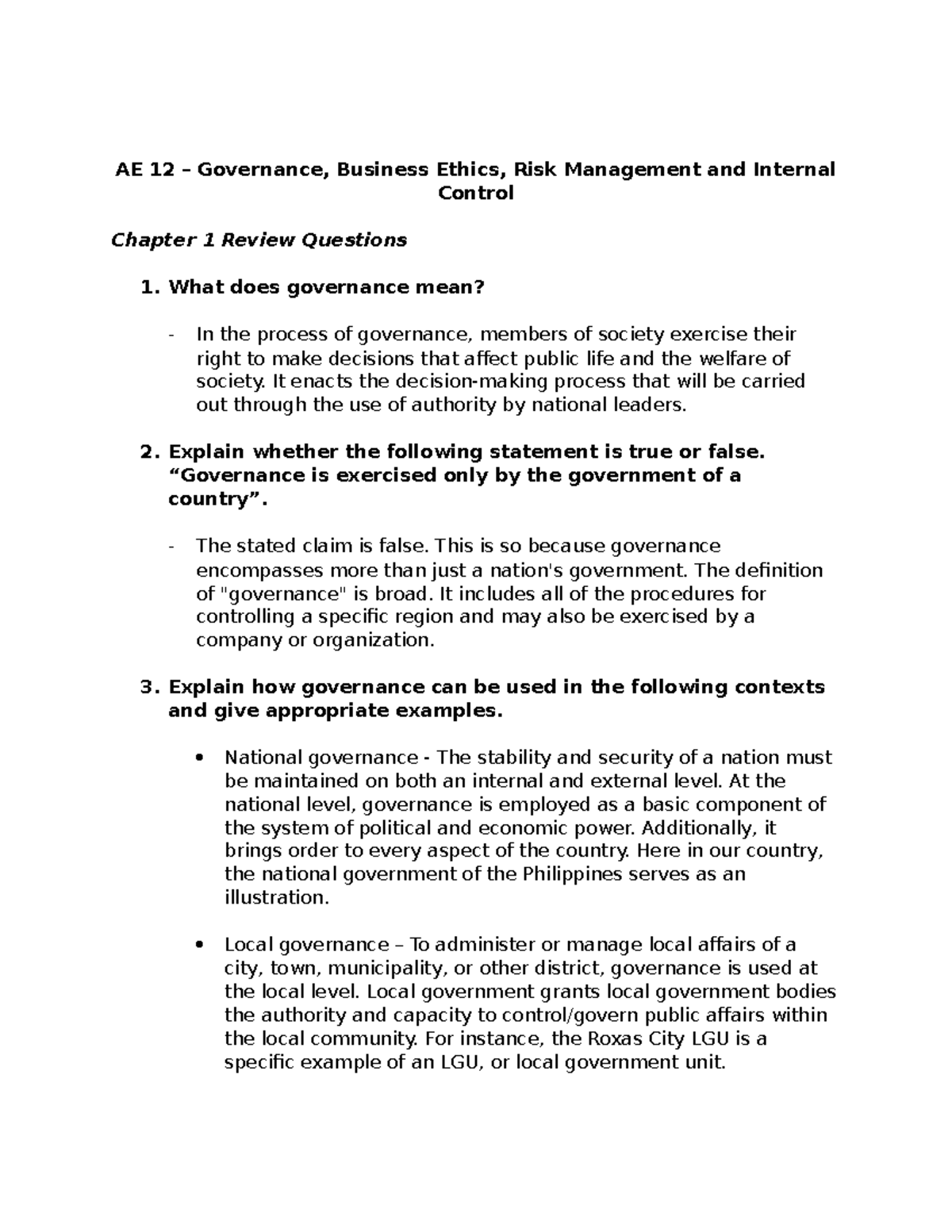 Chapter 1 - Corporate Governance - AE 12 – Governance, Business Ethics ...