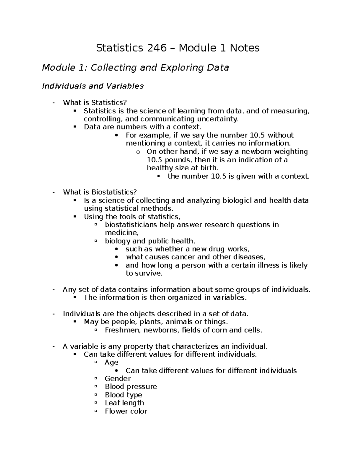 Module 1 - Notes - Statistics 246 – Module 1 Notes Module 1: Collecting ...