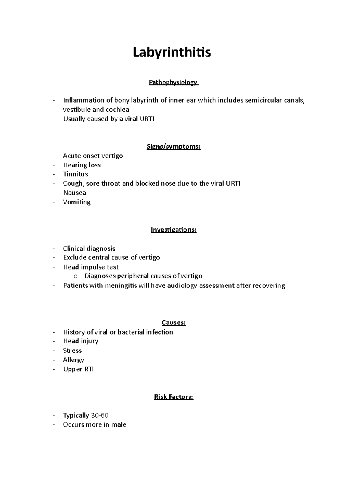 Labyrinthitis notes Labyrinthitis Pathophysiology Inflammation of