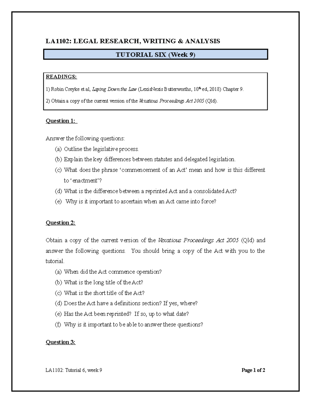 LA1102 Tutorial 6 Qs (2018 )-2 - LA1102: LEGAL RESEARCH, WRITING ...