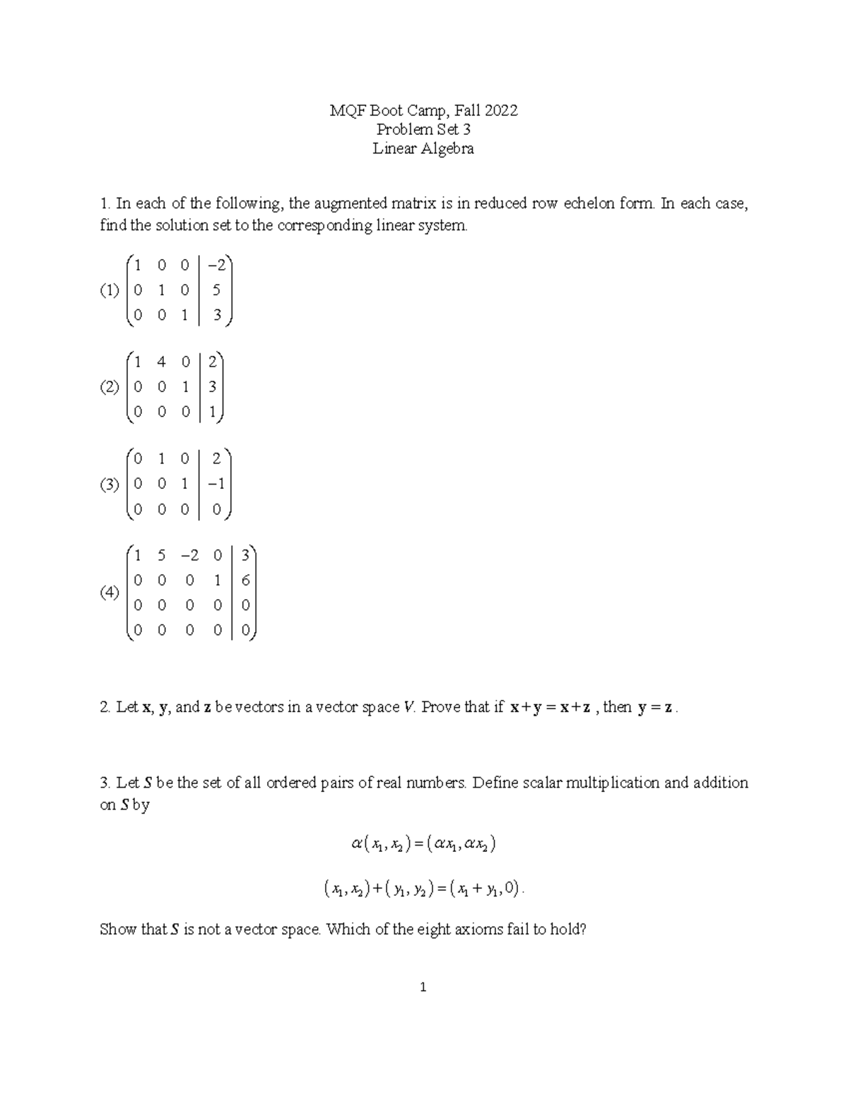 Exercises Linear Algebra Fall22 - MQF Boot Camp, Fall 2022 Problem Set ...