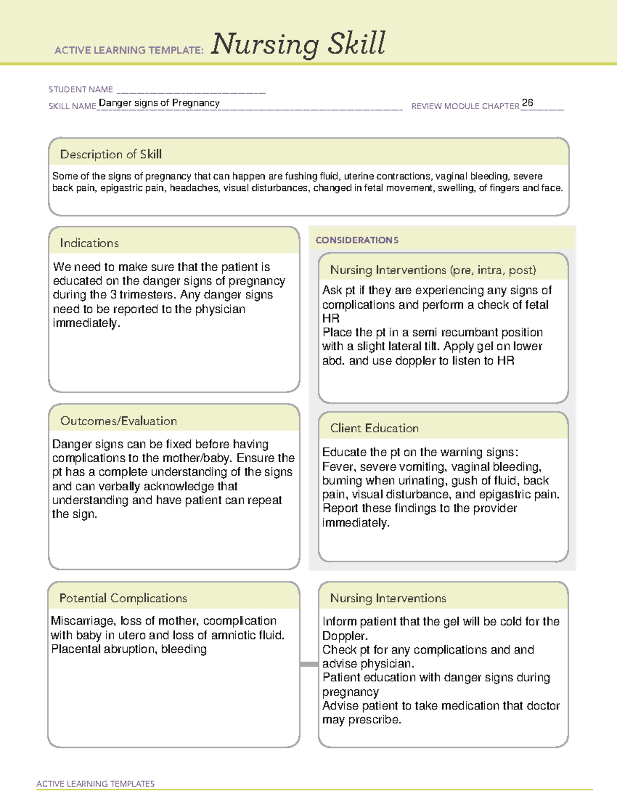 Danger signs of pregnancy nursing skill Ch 26 ACTIVE LEARNING