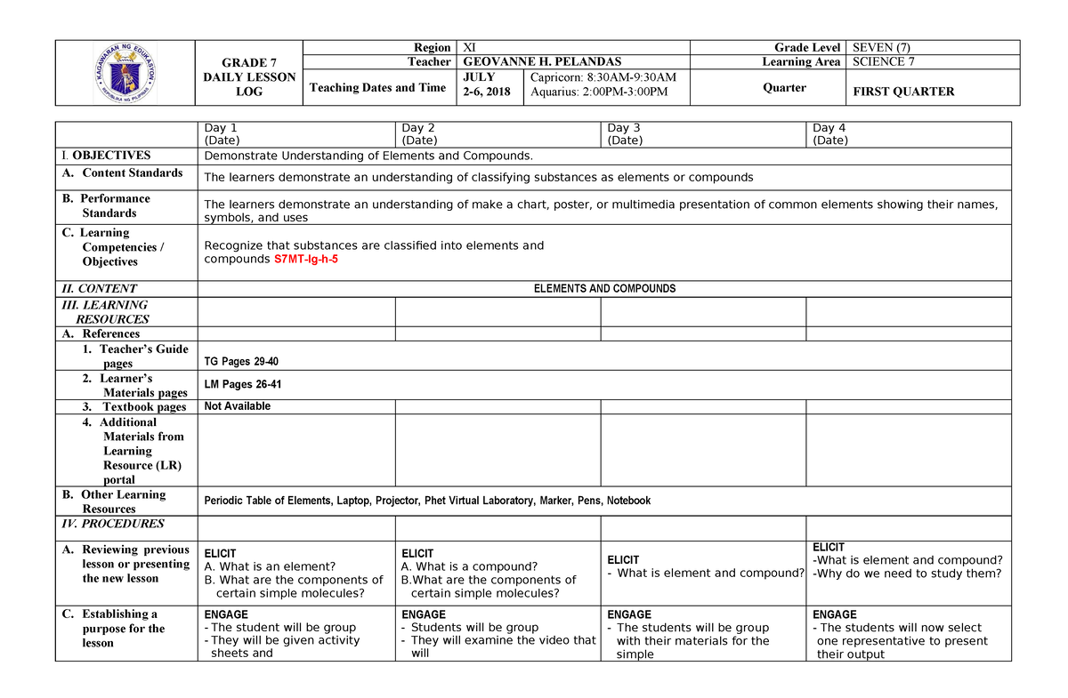 Elements and Compunds - GRADE 7 DAILY LESSON LOG Region XI Grade Level ...