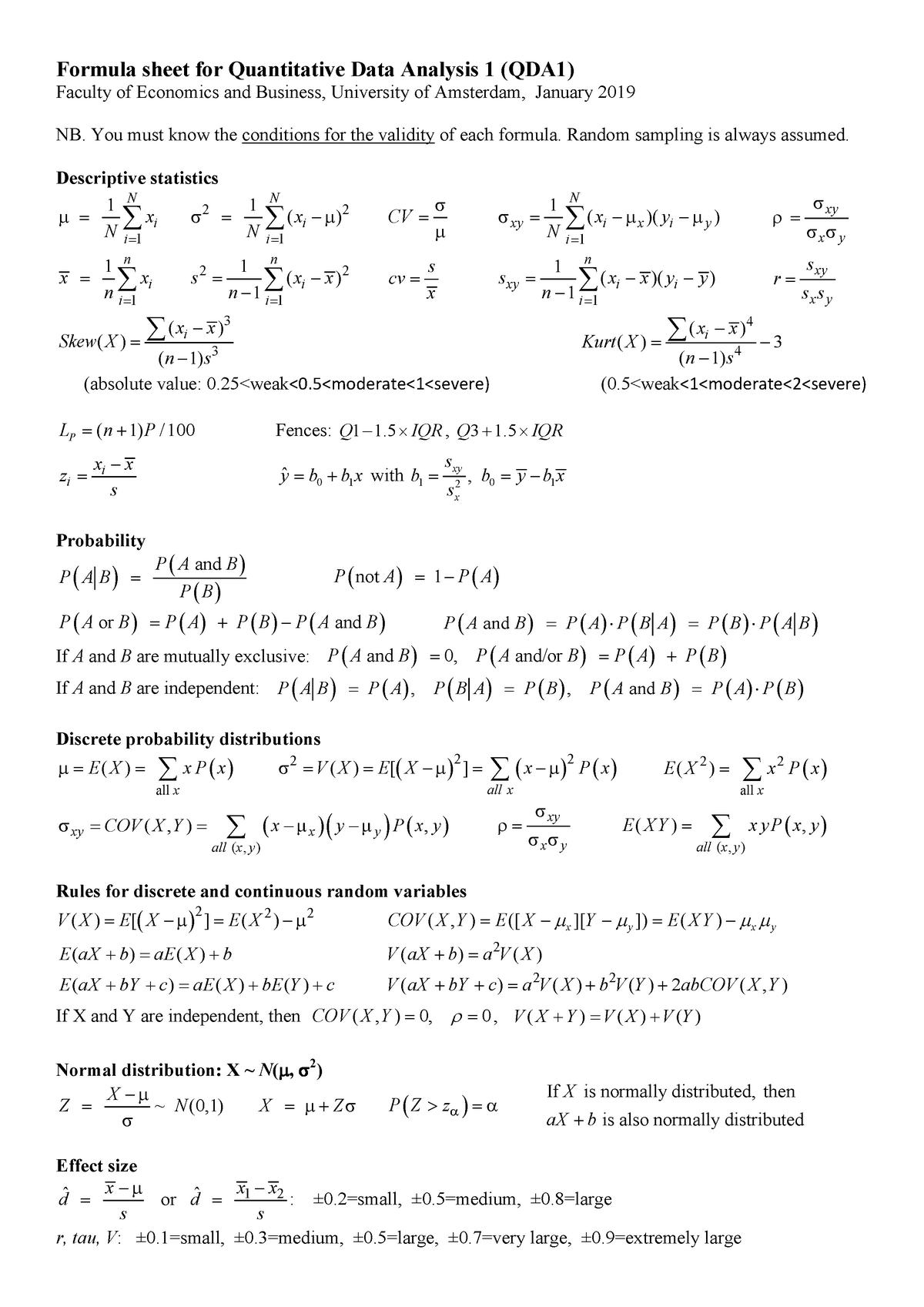 Formula Sheet Qda1 6011p0218y Uva Studeersnel