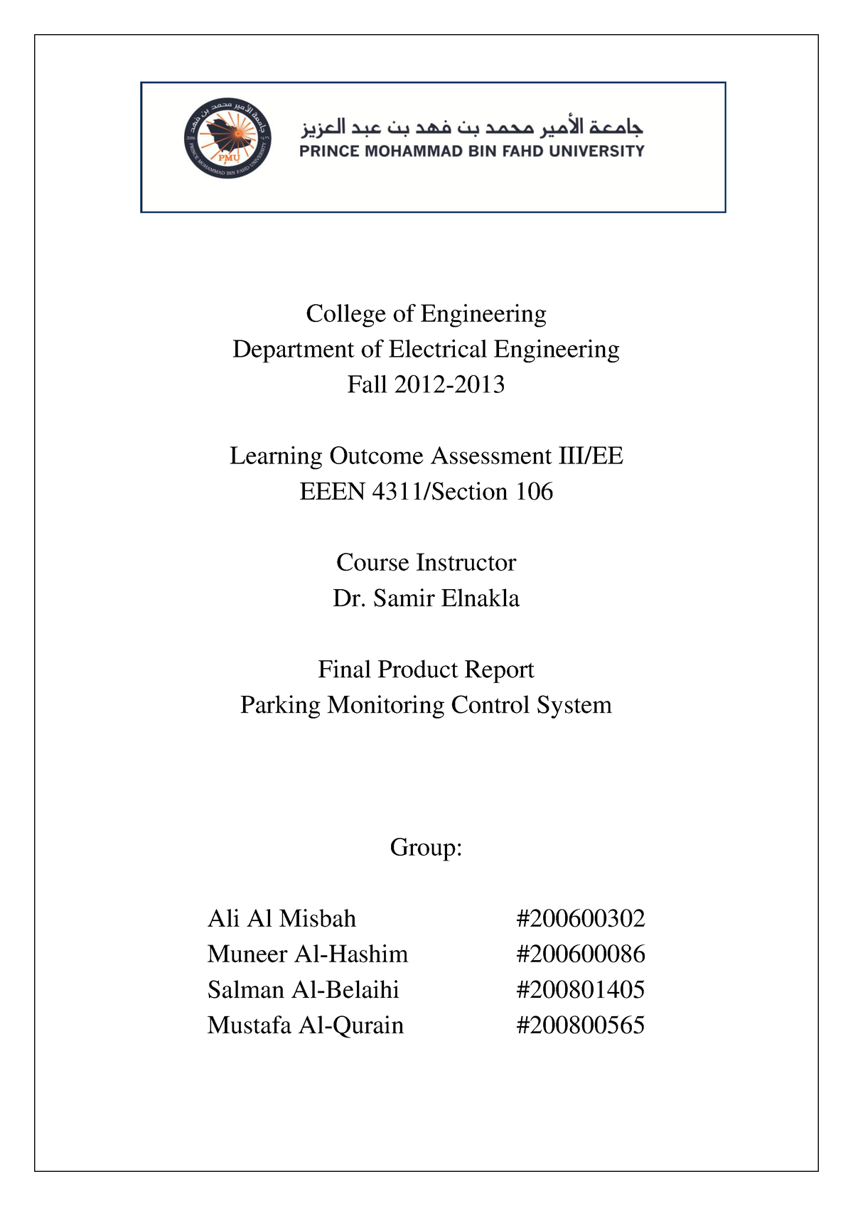 Final Report (parking Project) - College Of Engineering Department Of ...