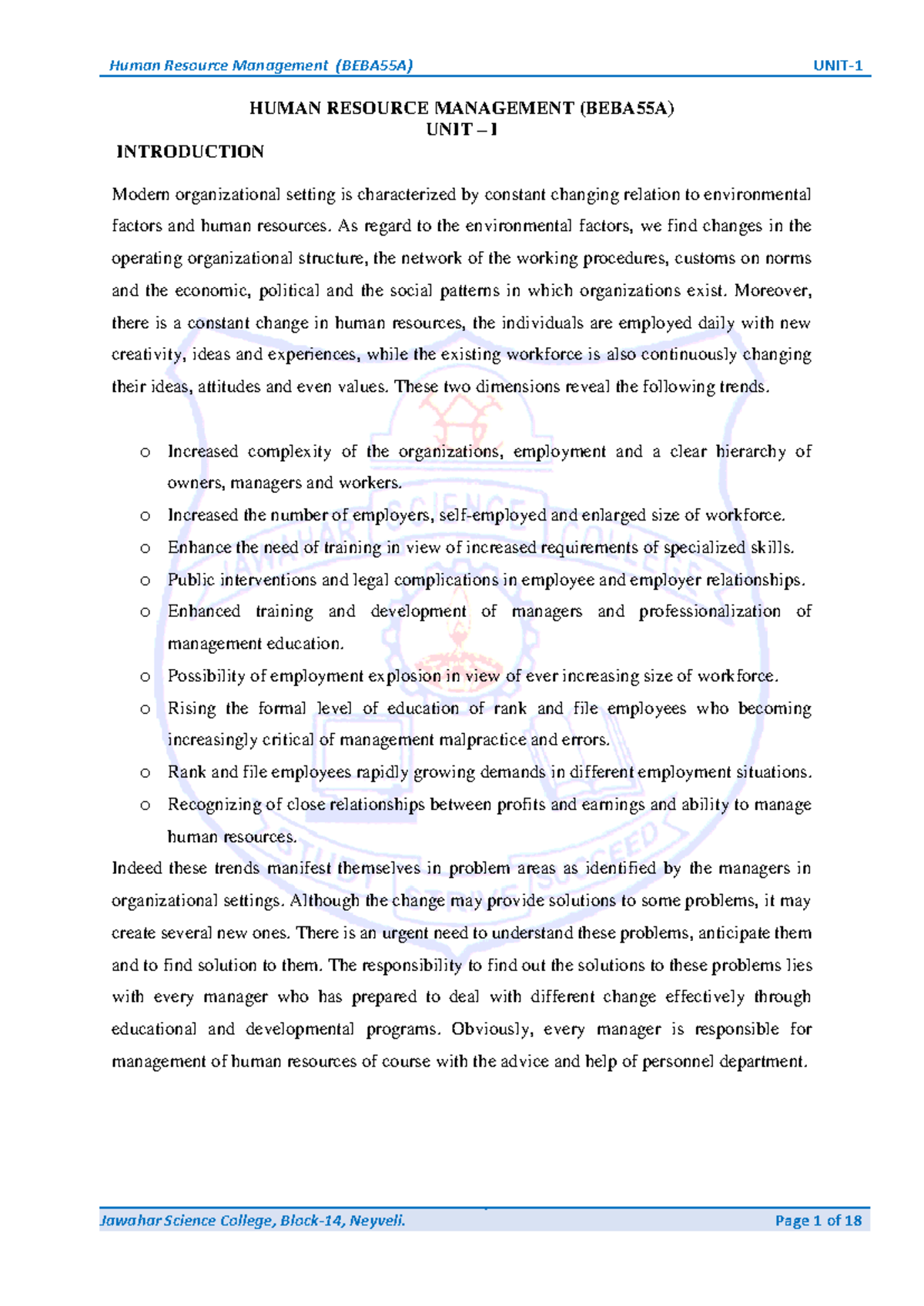 629313274 Complete Notes HRM - HUMAN RESOURCE MANAGEMENT (BEBA55A) UNIT ...