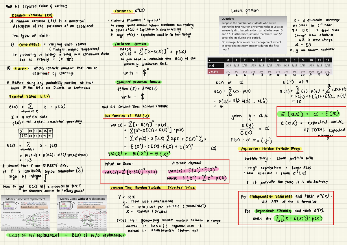 Unit 6 Summary Notes - Unit 6 Expected values variance Variance o