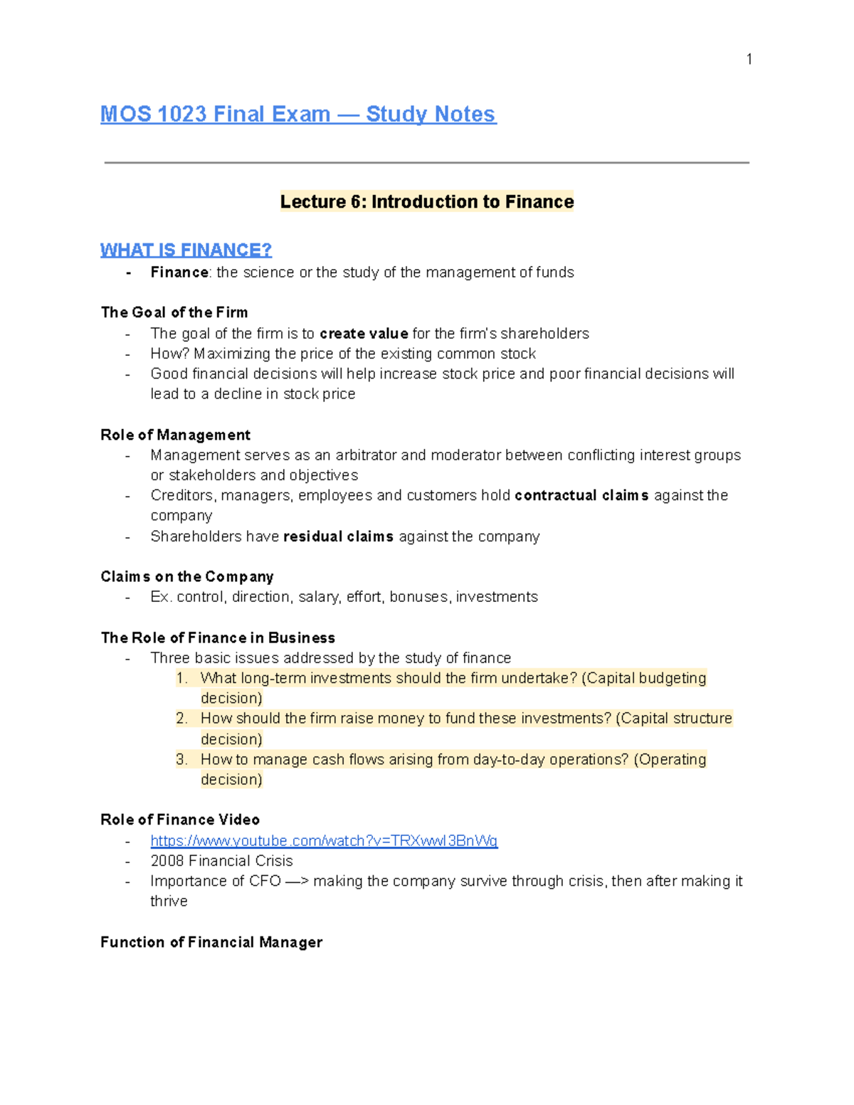 MOS 1023 Final Exam — Study Notes with Lecture + Textbook (Winter 2022 ...