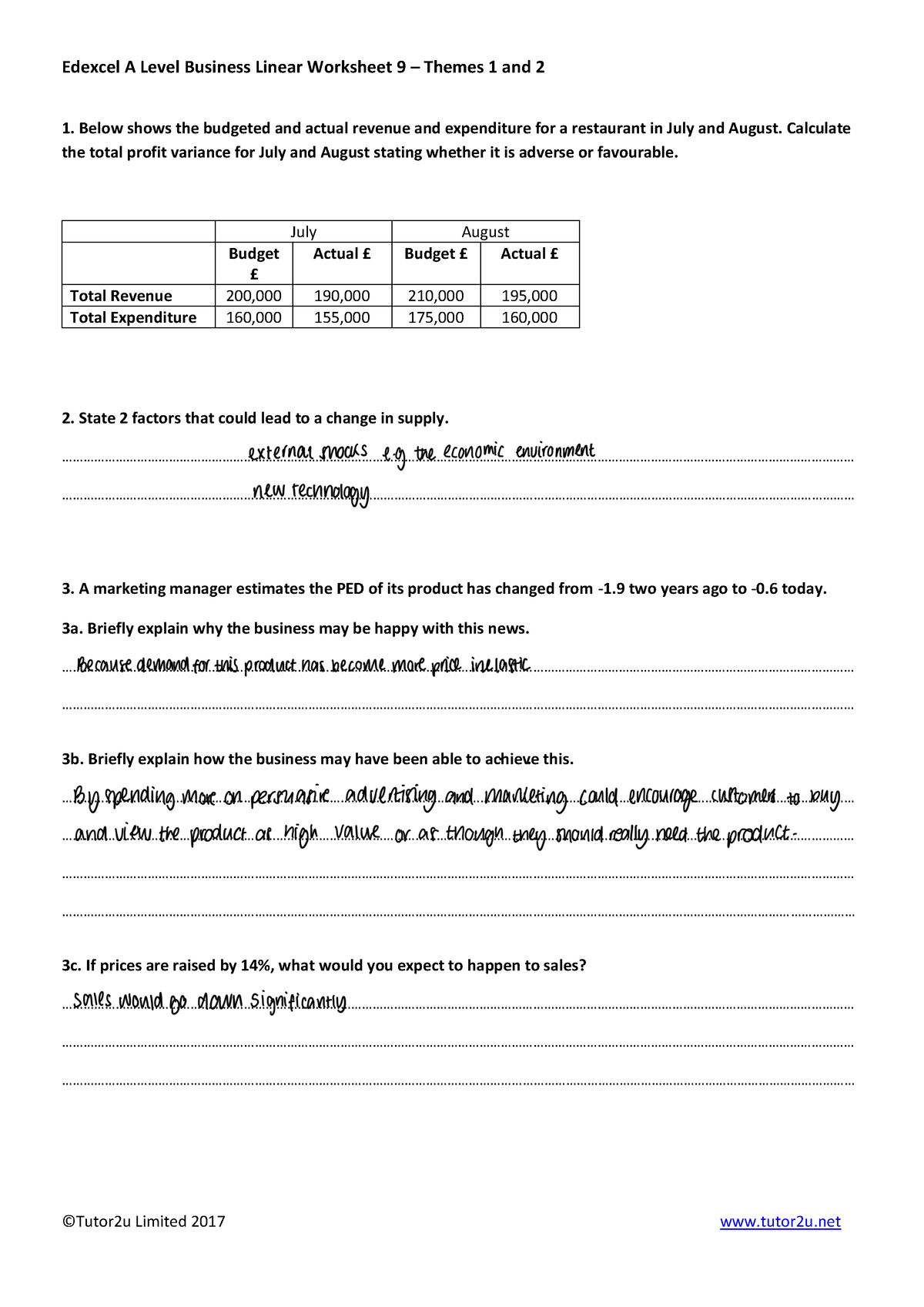 9 - LW - Lesson Plan - Edexcel A Level Business Linear Worksheet 9 ...