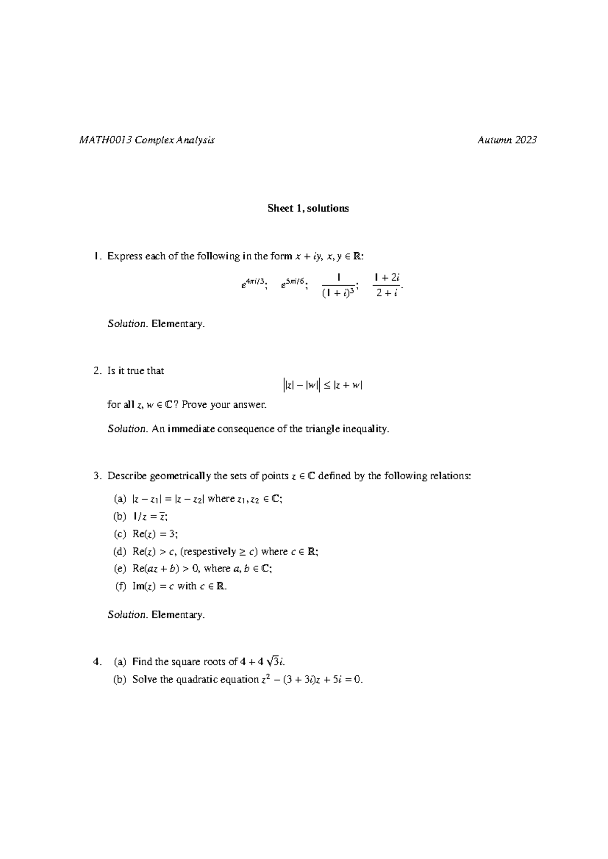 CA sheet 1 solutions - MATH0013 Complex Analysis Autumn 2023 Sheet 1 ...