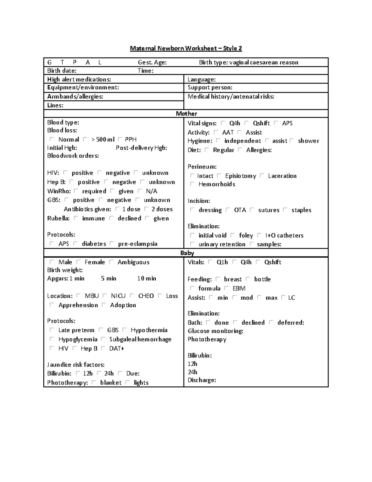Maternal - nursing worksheet - Maternal Newborn Worksheet – Style 2 G T ...