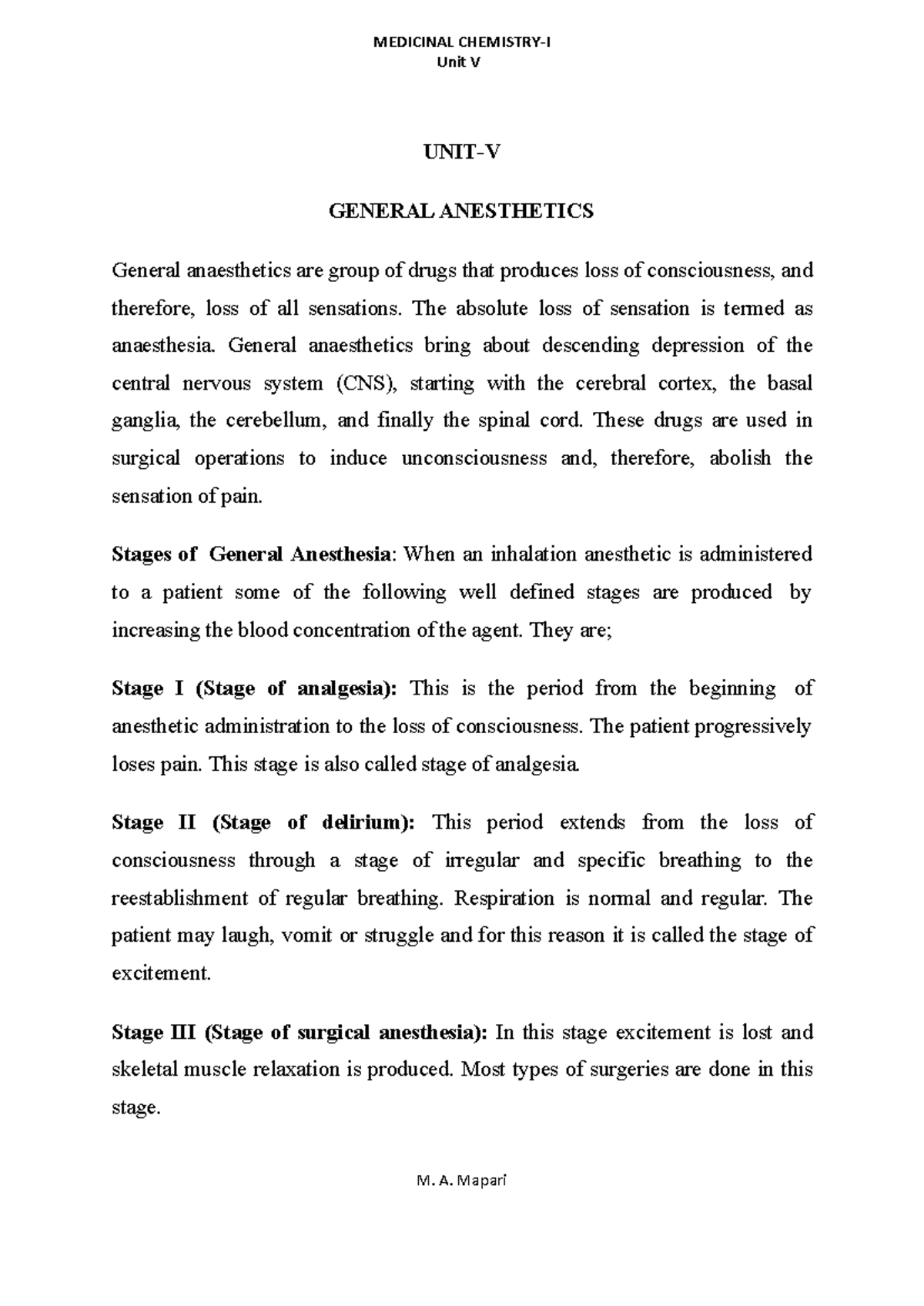 Unit 5 Medchem-1 - Notes on General Anesthesia - Unit V UNIT-V GENERAL ...