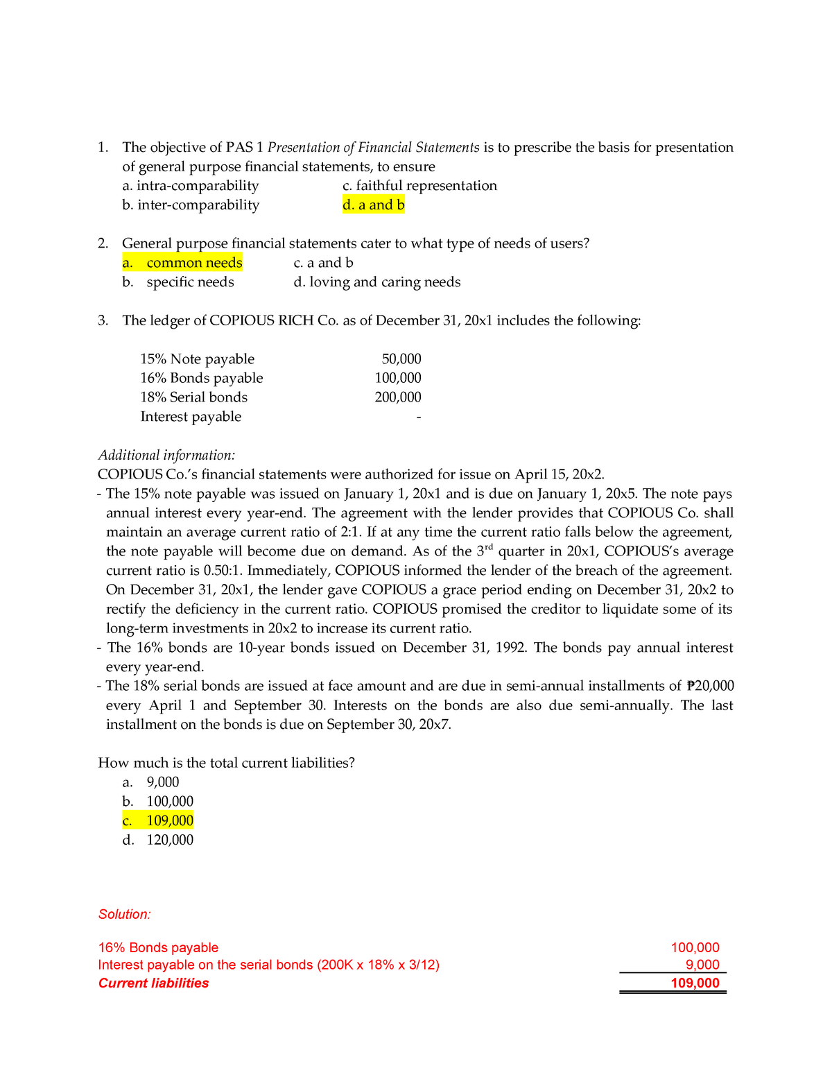 presentation of financial statements test bank