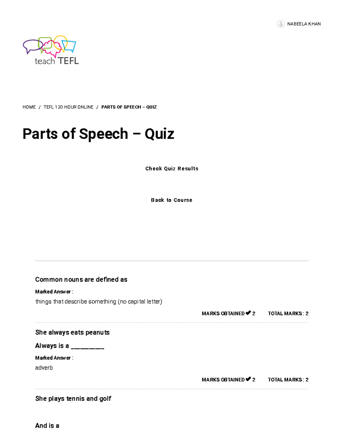Parts of Speech Quiz Teach TEFL NABEELA KHAN HOME / TEFL 120 HOUR