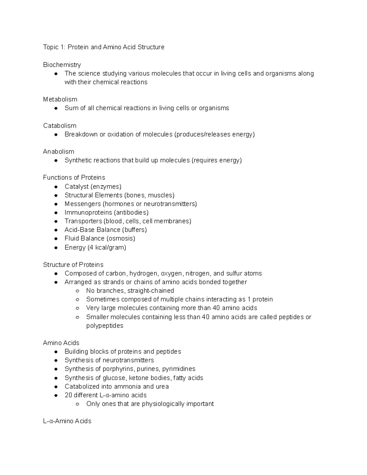 Human Biochemistry - Topic 1: Protein And Amino Acid Structure 