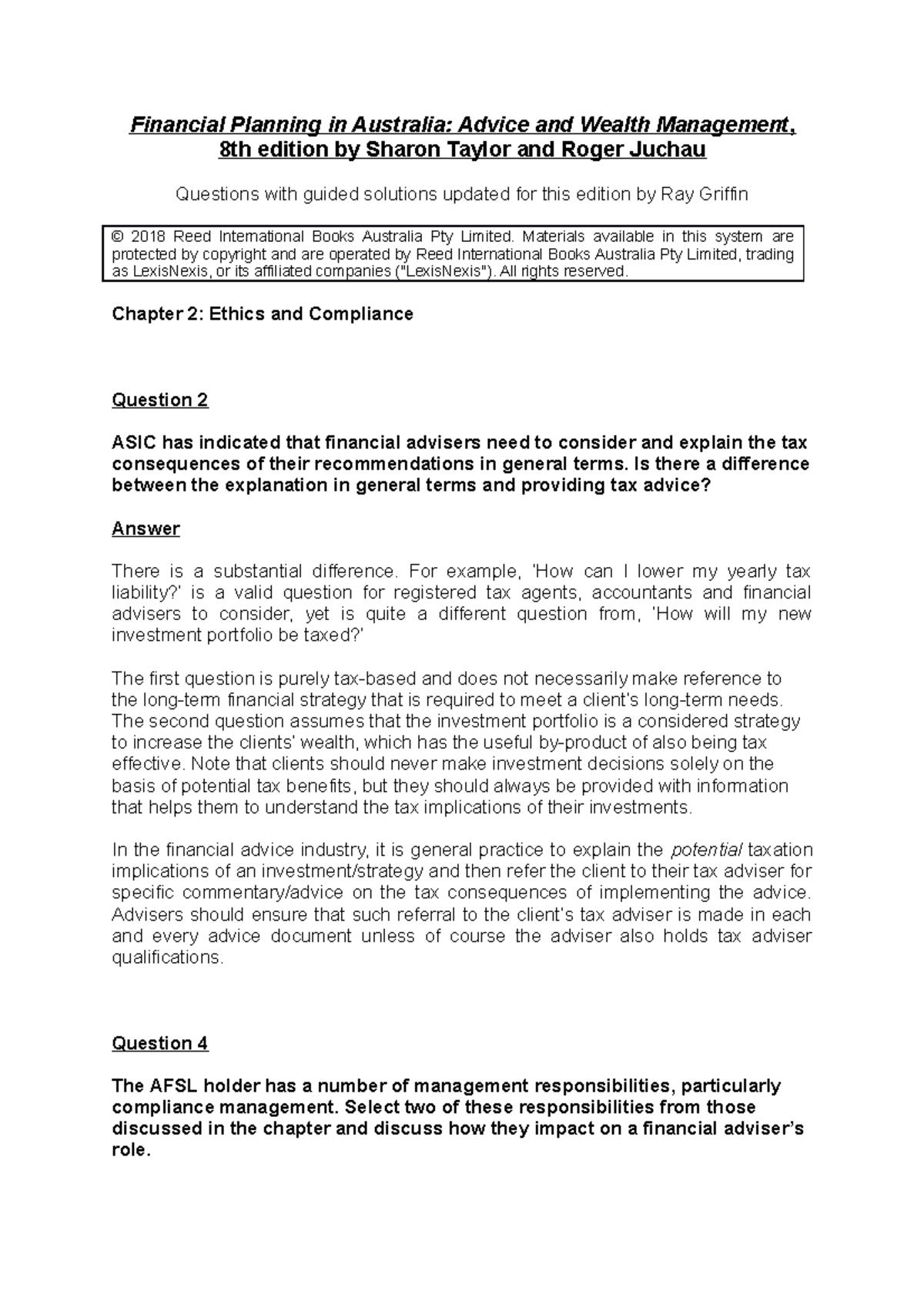 Tutorial 2 Questions w Sol Financial Planning in Australia Advice and Wealth Management , 8th