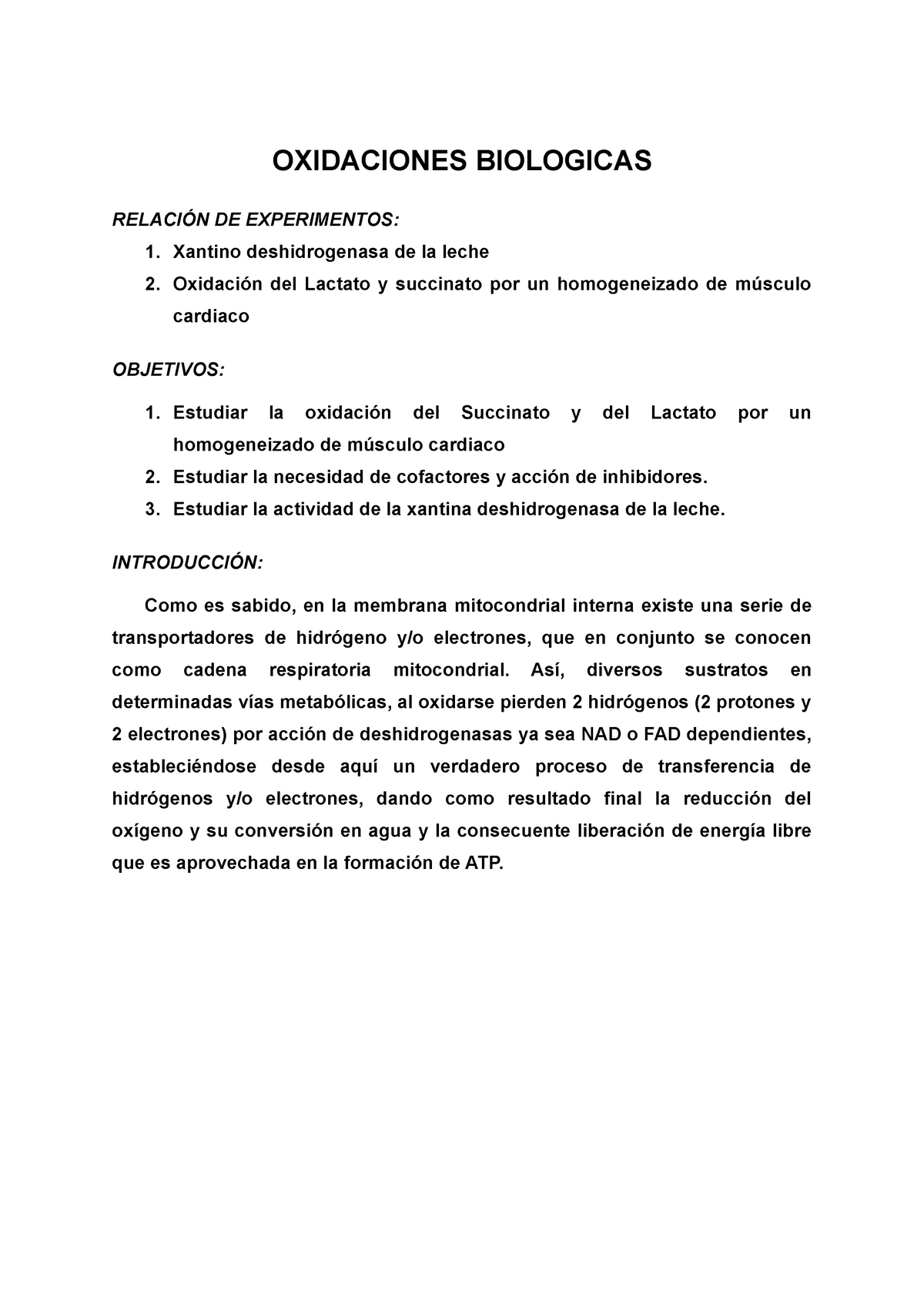 Oxidaciones Biologicas Informe De Practica Oxidaciones Biologicas RelaciÓn De Experimentos 8126