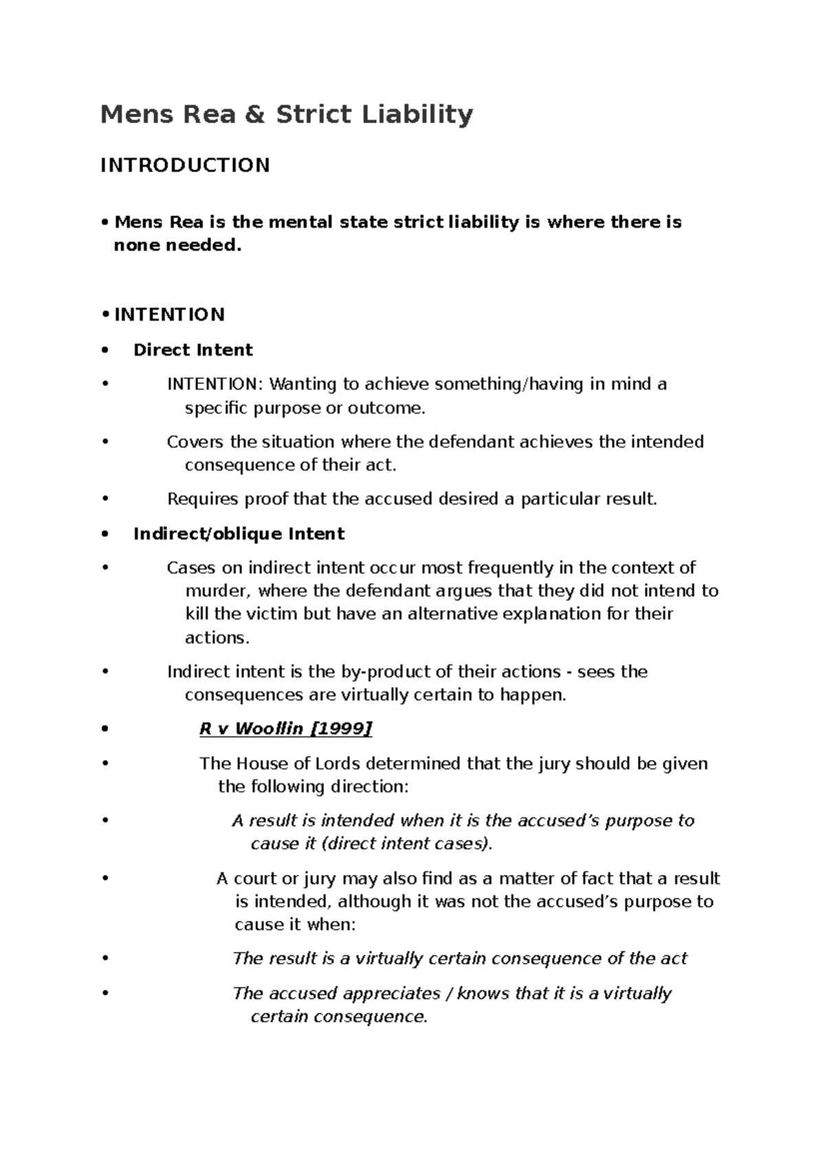 Criminal law lecture 2 - Mens Rea & Strict Liability INTRODUCTION Mens ...