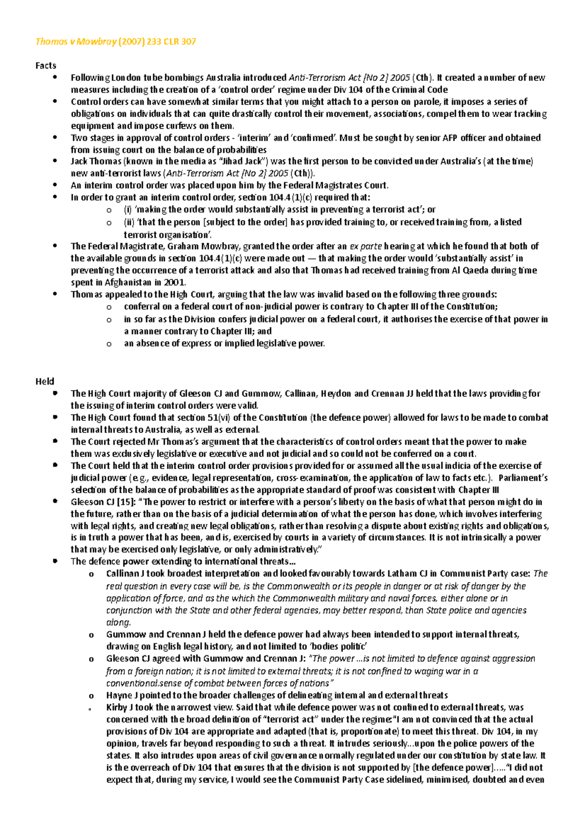 Thomas v Mowbray Case Note (Defence Power) - Thomas v Mowbray (2007 ...