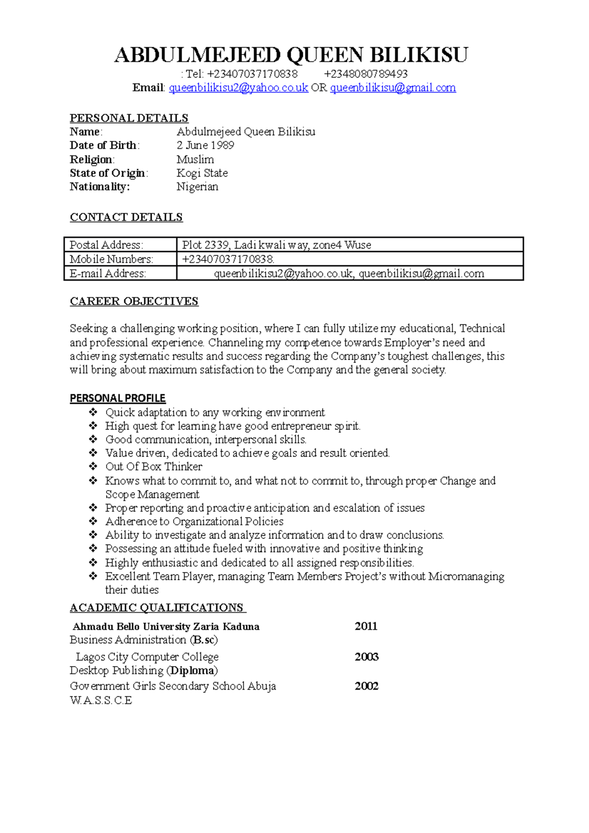 Queen Bilikis new edithed cv ABDULMEJEED QUEEN BILIKISU Tel