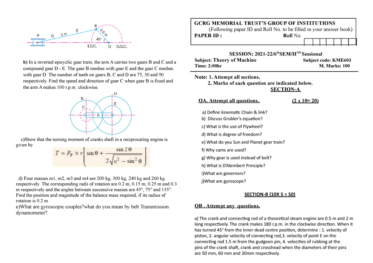 TOM - GIVE IT - B) In A Reverted Epicyclic Gear Train, The Arm A ...