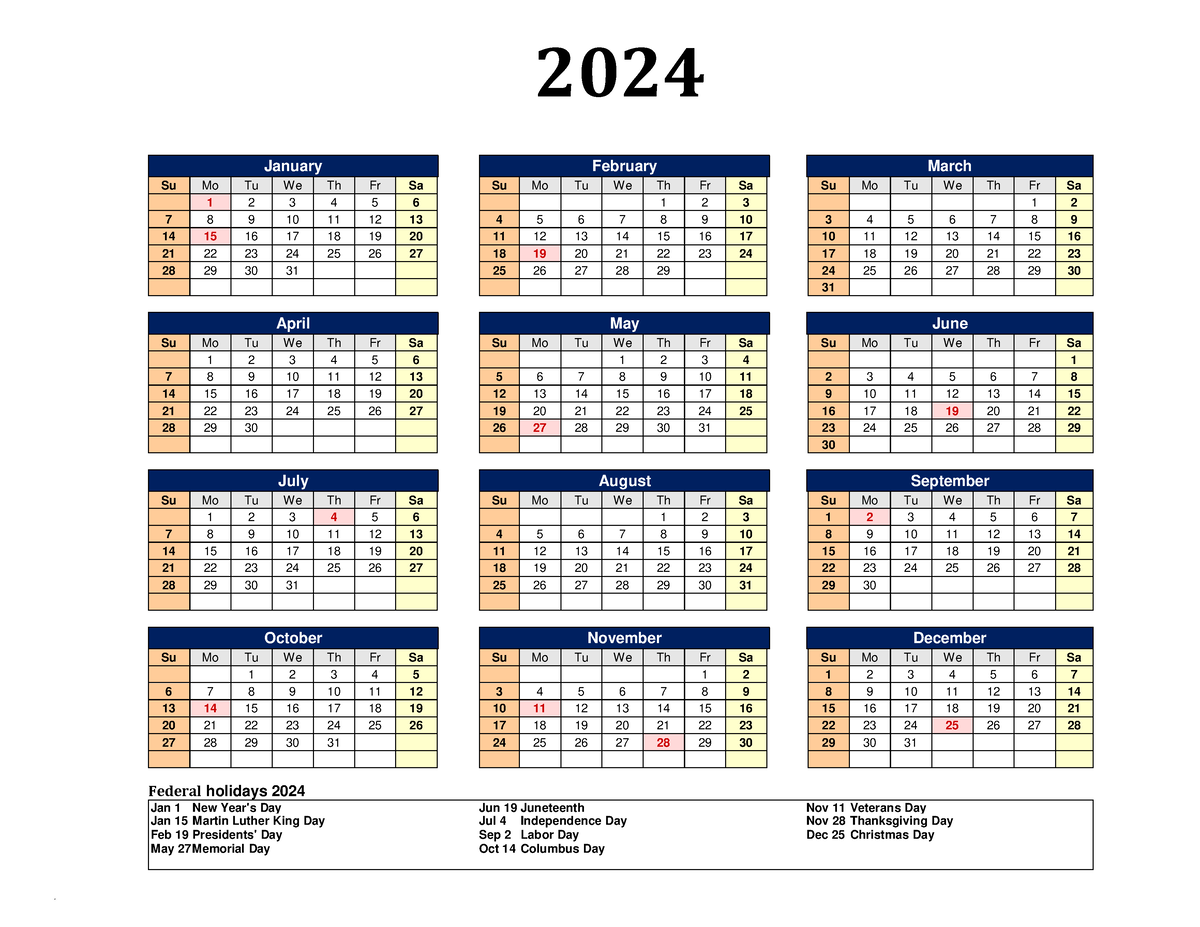 2024 Calendar One Page Landscape Dark Blue - P 2024 January February 