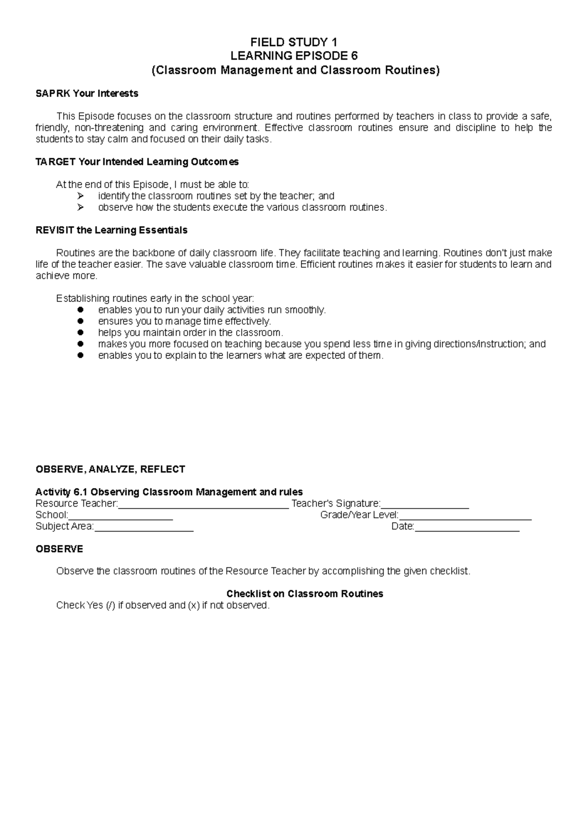 FS1Ep None FIELD STUDY 1 LEARNING EPISODE 6 (Classroom Management