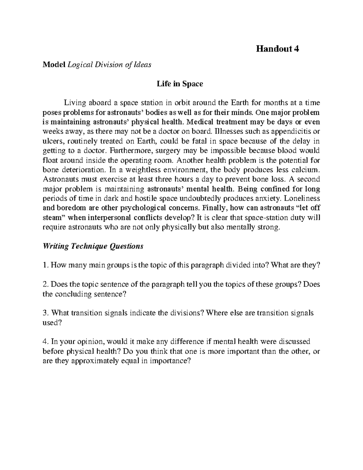 Unit 6 HO 4 Model Logical division of Ideas - Handout 4 Model Logical ...