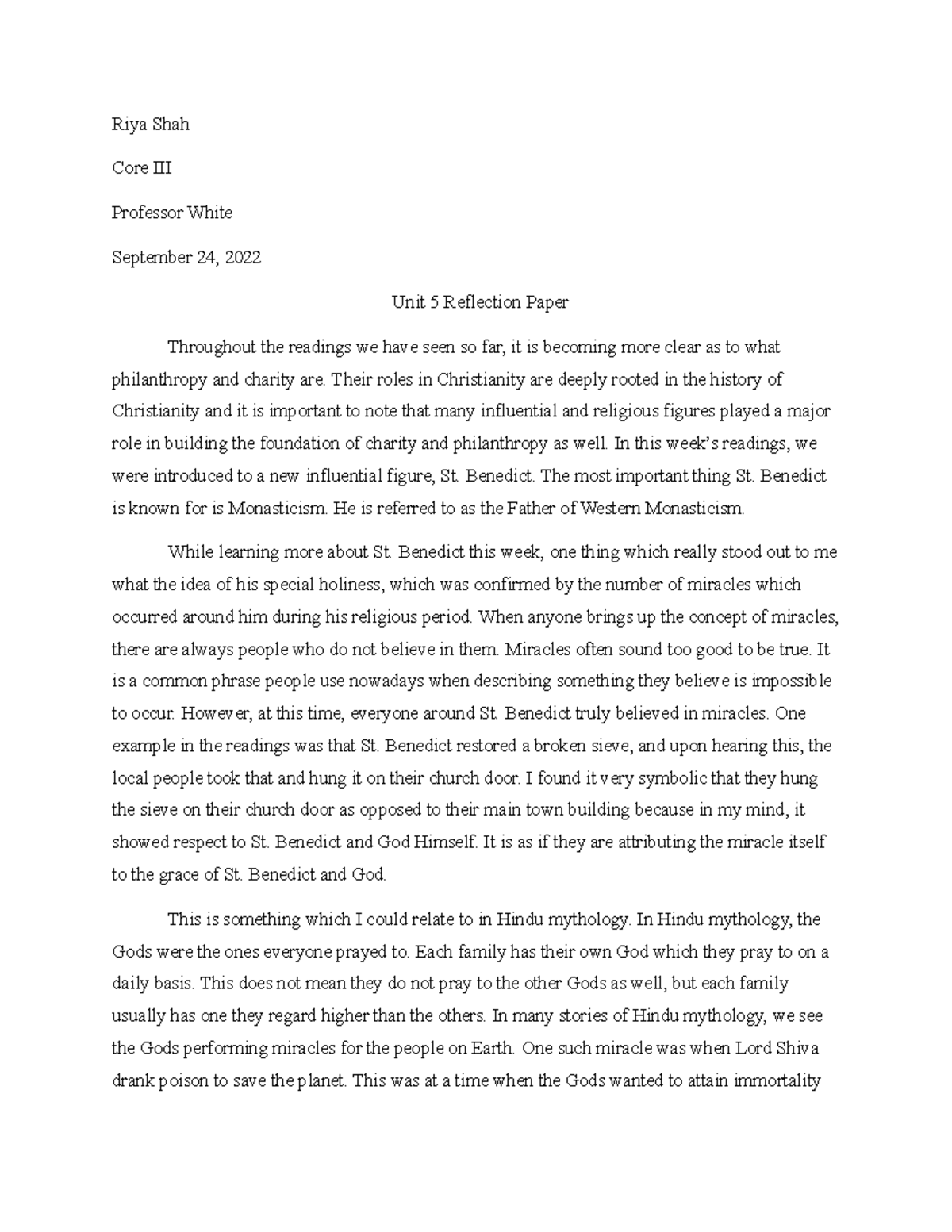 Unit 5 Reflection Paper - Riya Shah Core III Professor White September ...