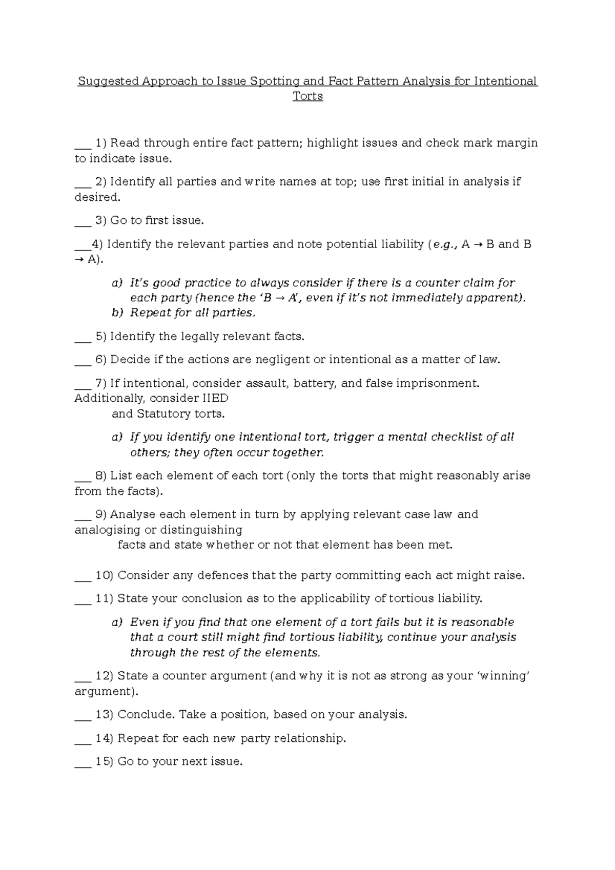Intentional Torts: Trespass to the Person - Suggested Approach to Issue ...