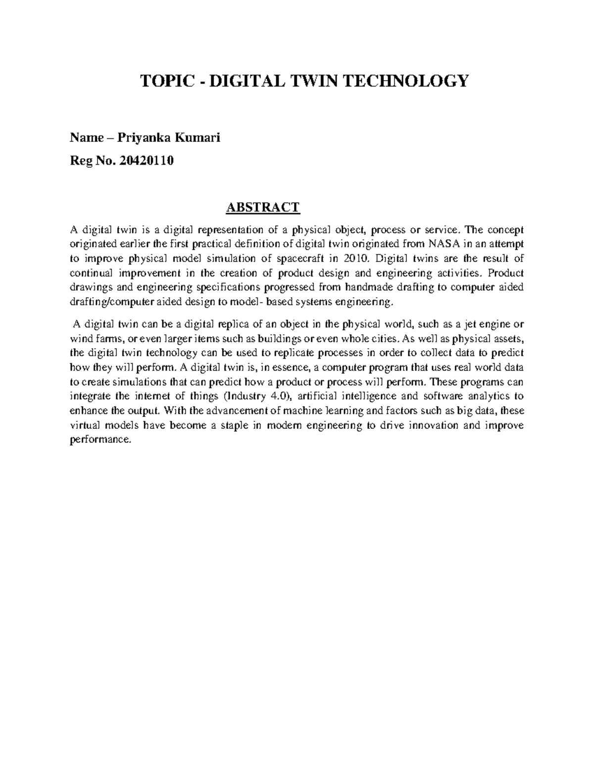 Seminar topic Abstract - Digital Twin - TOPIC - DIGITAL TWIN TECHNOLOGY ...