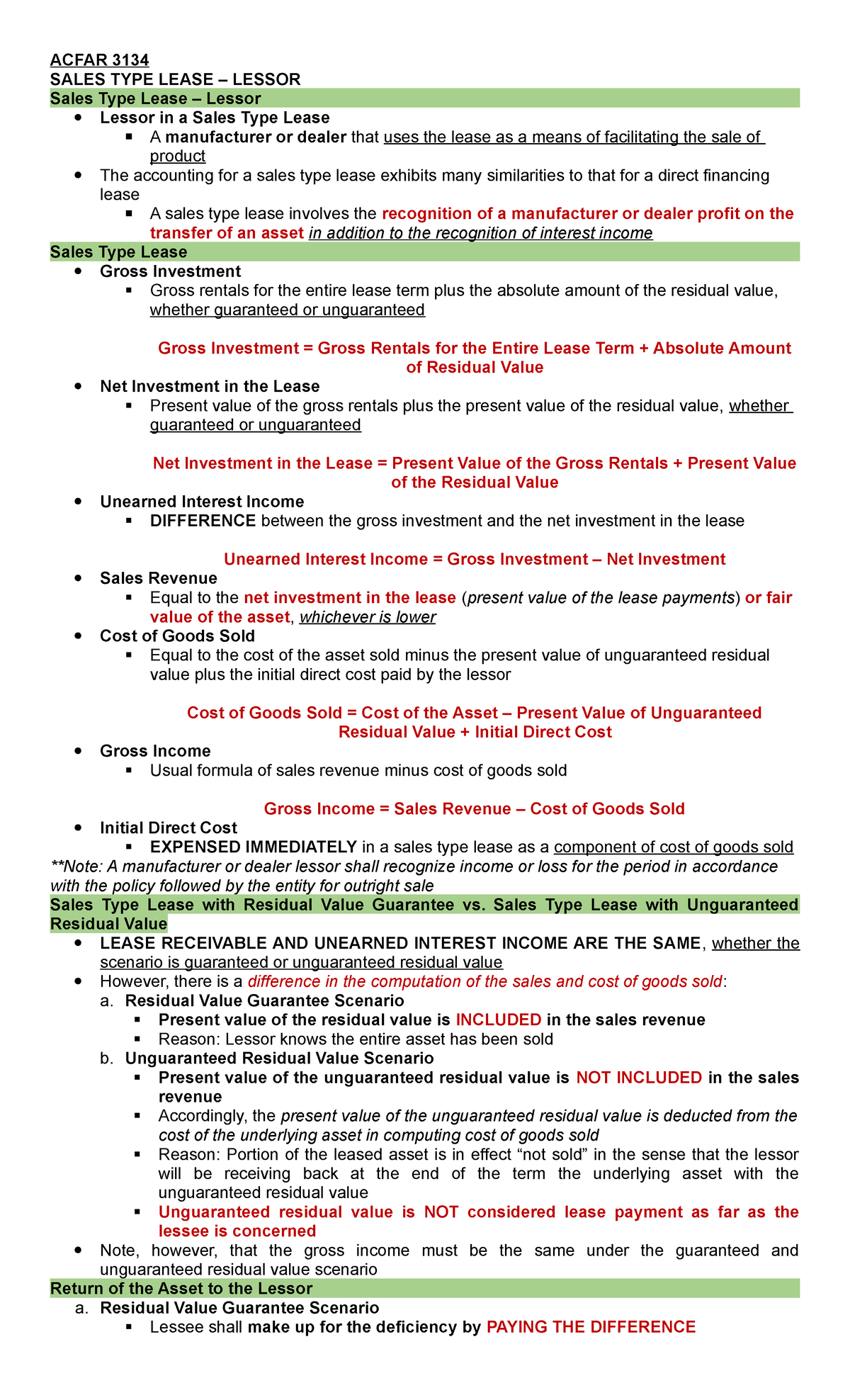 5. Sales TYPE Lease Lessor ACFAR 3134 SALES TYPE LEASE LESSOR