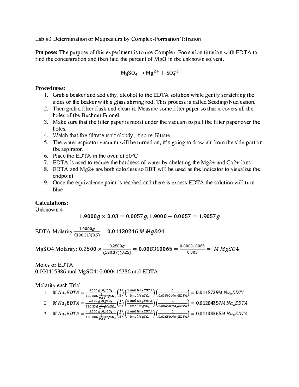 Lab 3 Report Lab 3 Determination of Magnesium by ComplexFormation