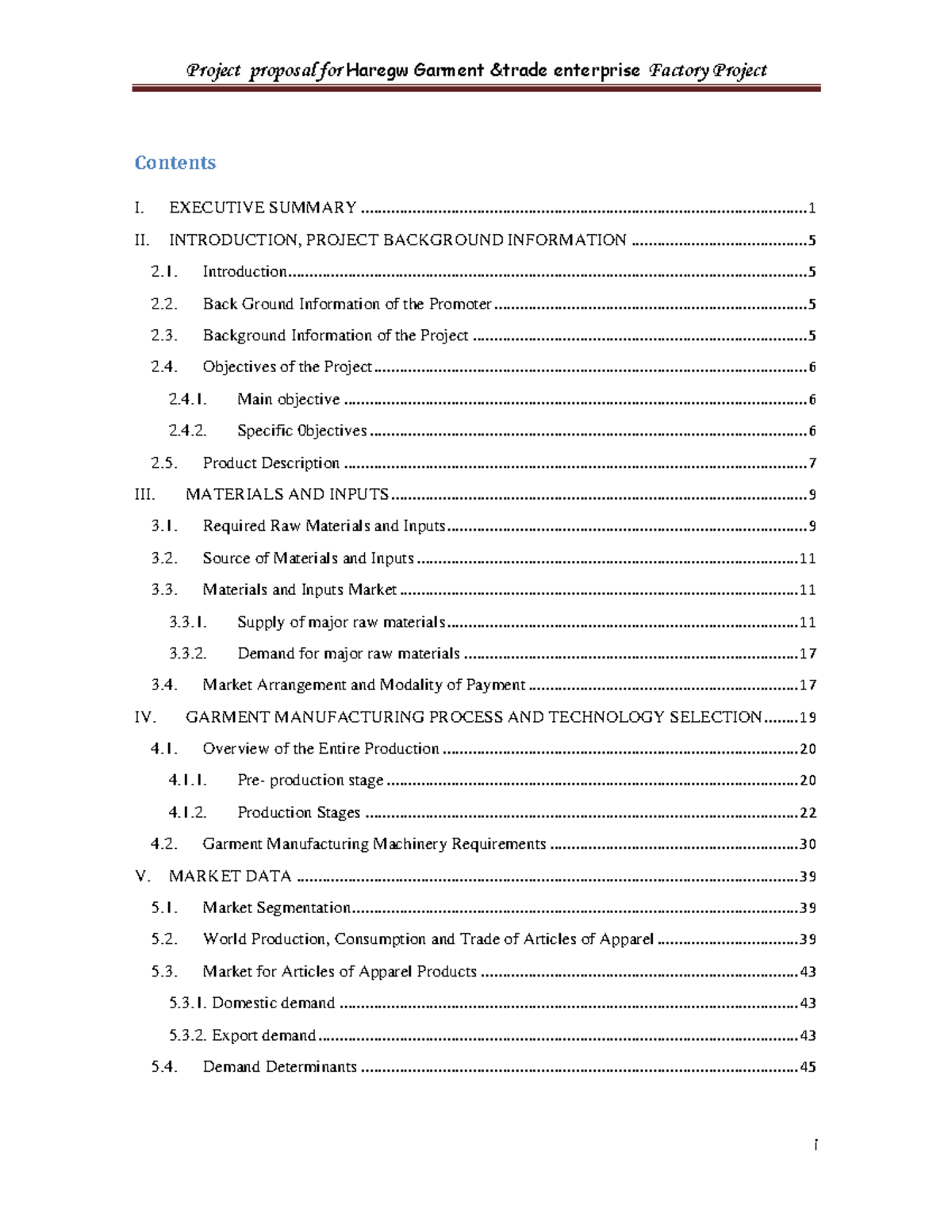 Garment-Feasibility Final Draf3 - i I. EXECUTIVE SUMMARY Contents II ...