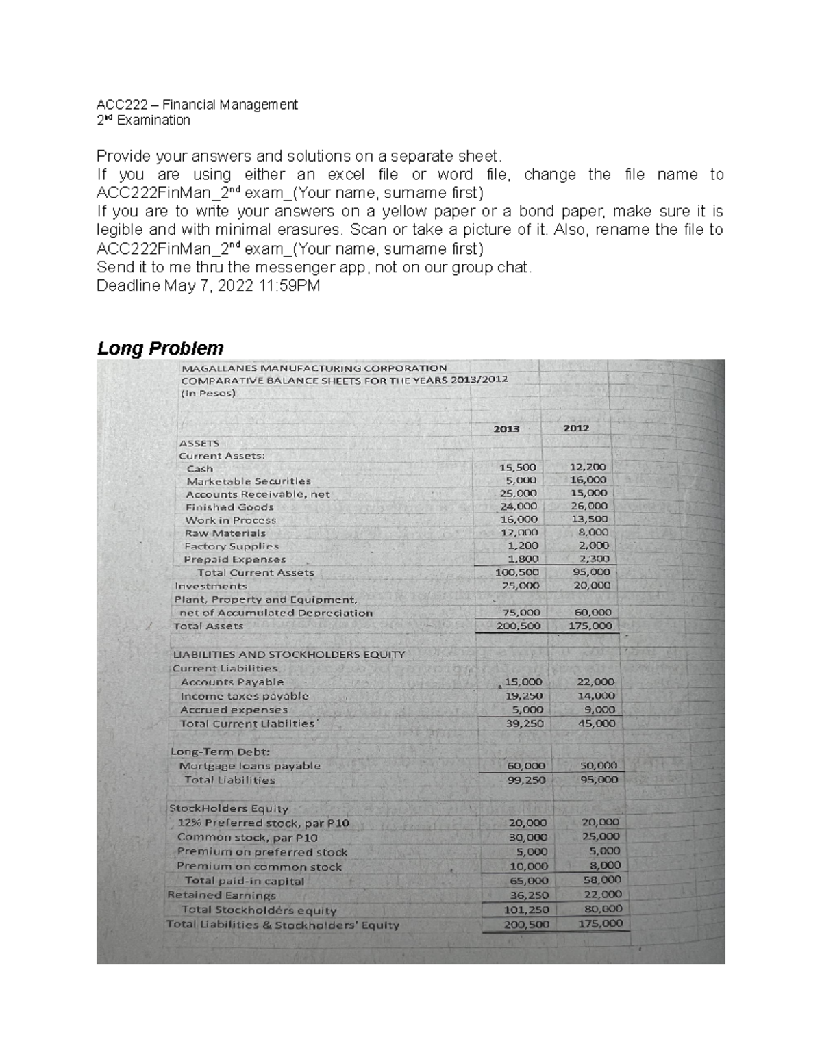 2nd-Exam - Sample For Practical Exam - ACC222 – Financial Management 2 ...