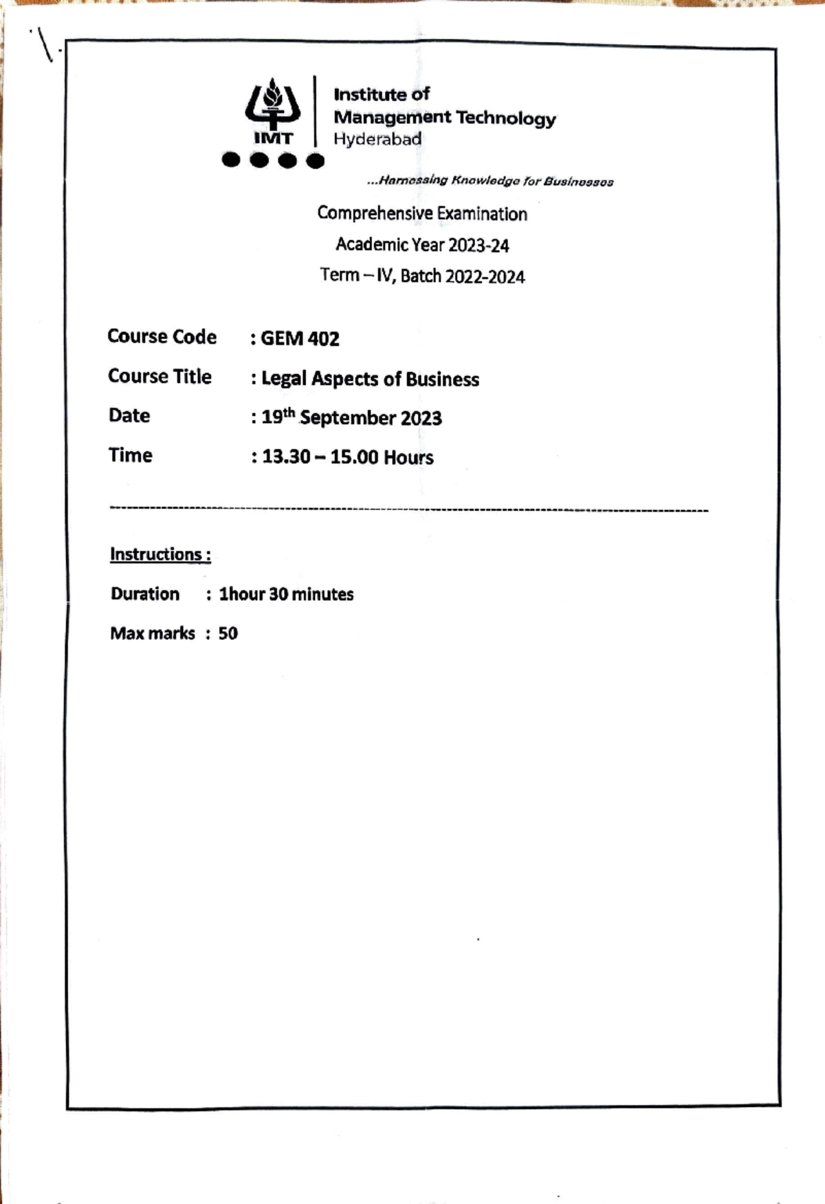 LAB End Term Paper I CourseCode Course Title Date Time / t