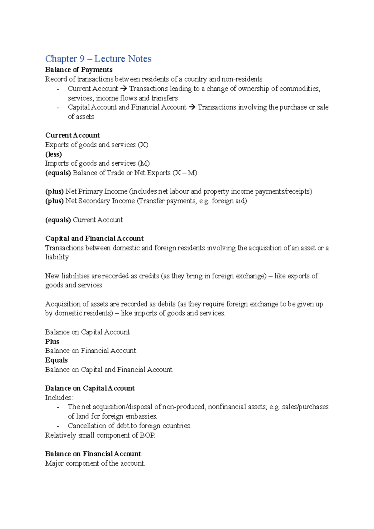 Chapter 9 Lecture Notes - Chapter 9 – Lecture Notes Balance of Payments ...