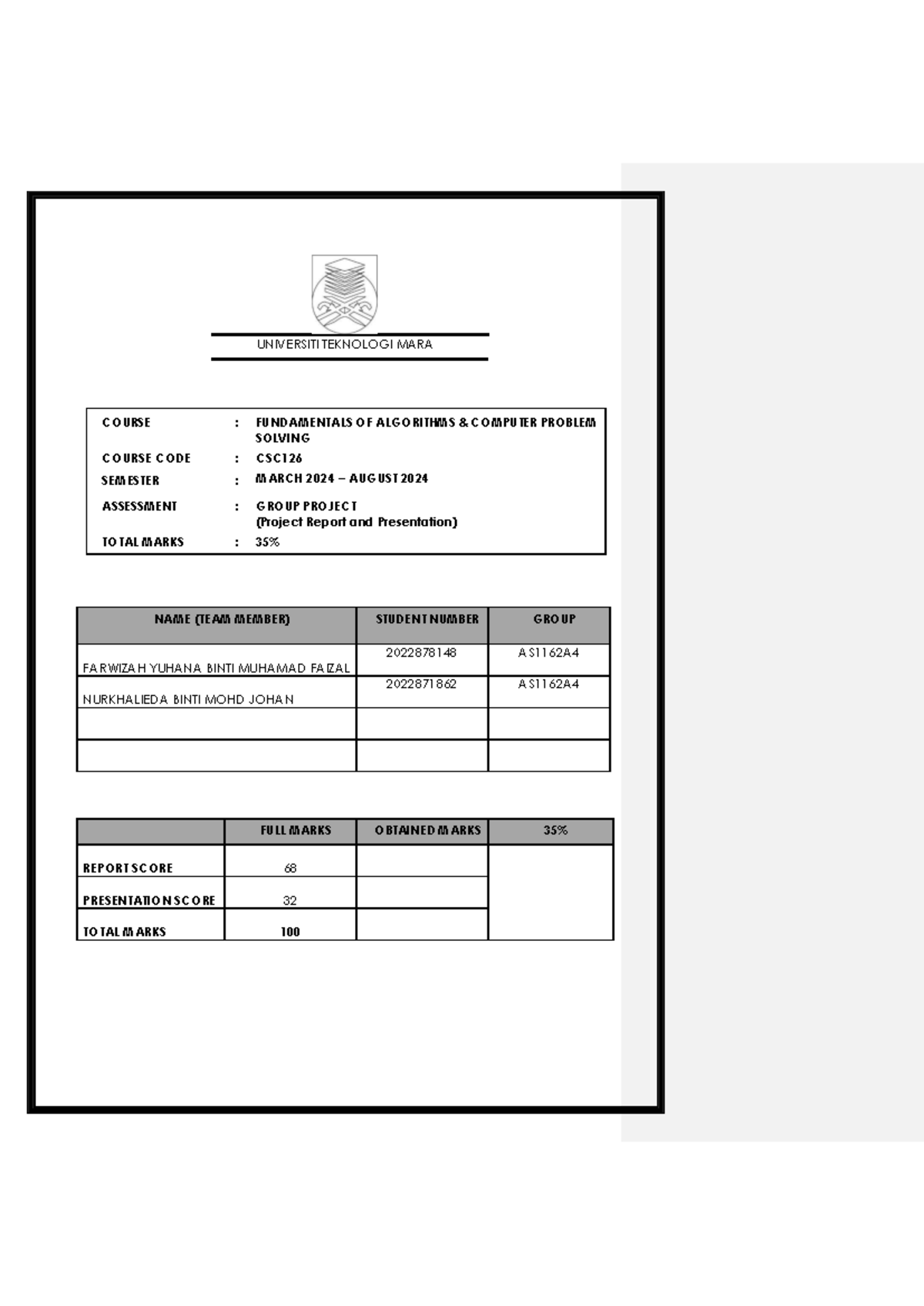 Group Project Report - example - UNIVERSITI TEKNOLOGI MARA COURSE ...