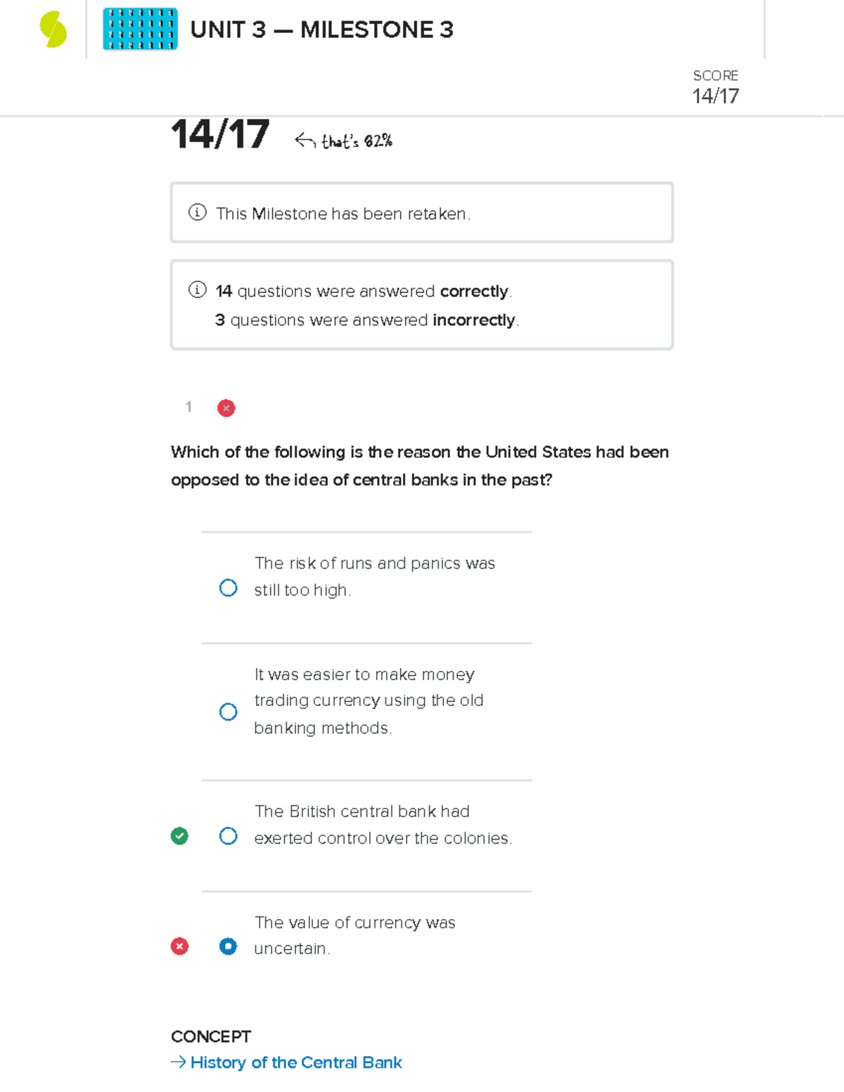 Milestone 3-14 out of 17 correct - 1 CONCEPT → History of the Central ...